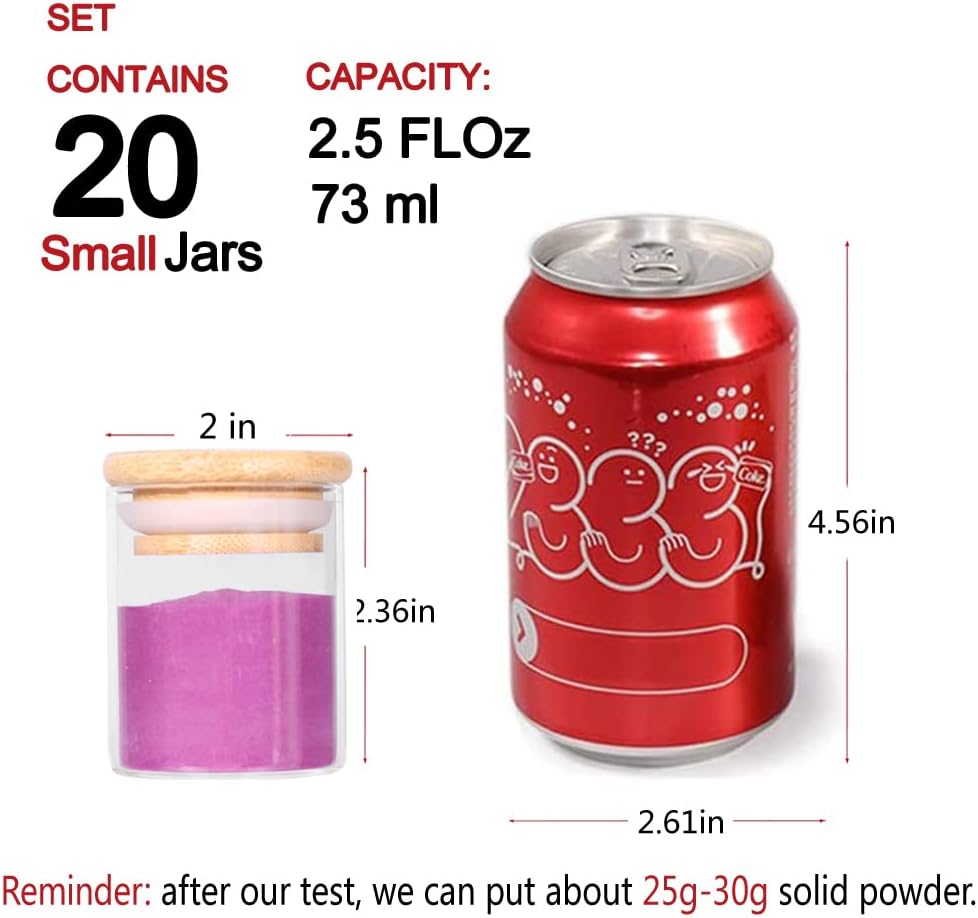 Spice Jar Set,2.5oz 20 Piece Glass Jar with Bamboo Airtight Lids and Labels, Mini Clear Food Storage Containers for pantry, kitchen canisters for Tea, Herbs, Sugar, Salt, Coffee