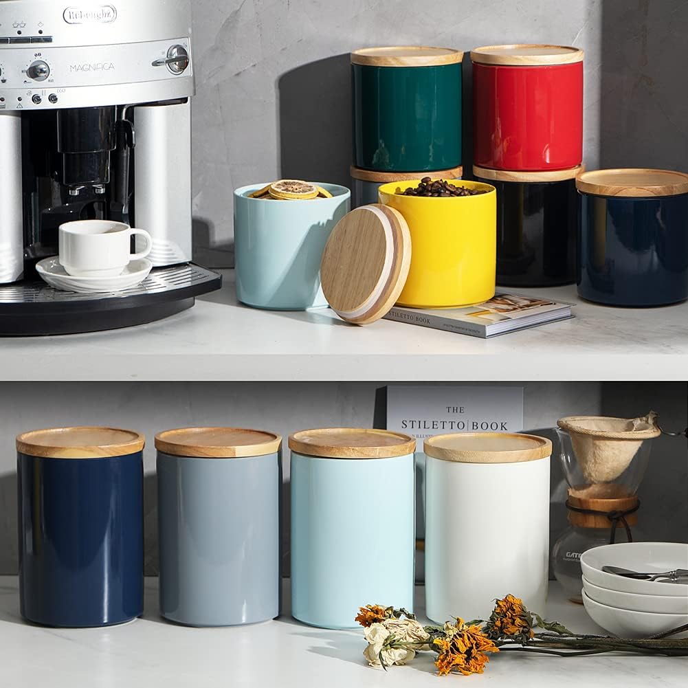 Sweejar Kitchen Canisters Ceramic Food Storage Jar, Stackable Containers with Airtight Seal Wooden Lid for Serving Coffee Bean, Flour, Tea, Spice and More - 39 Fl Oz (Black)