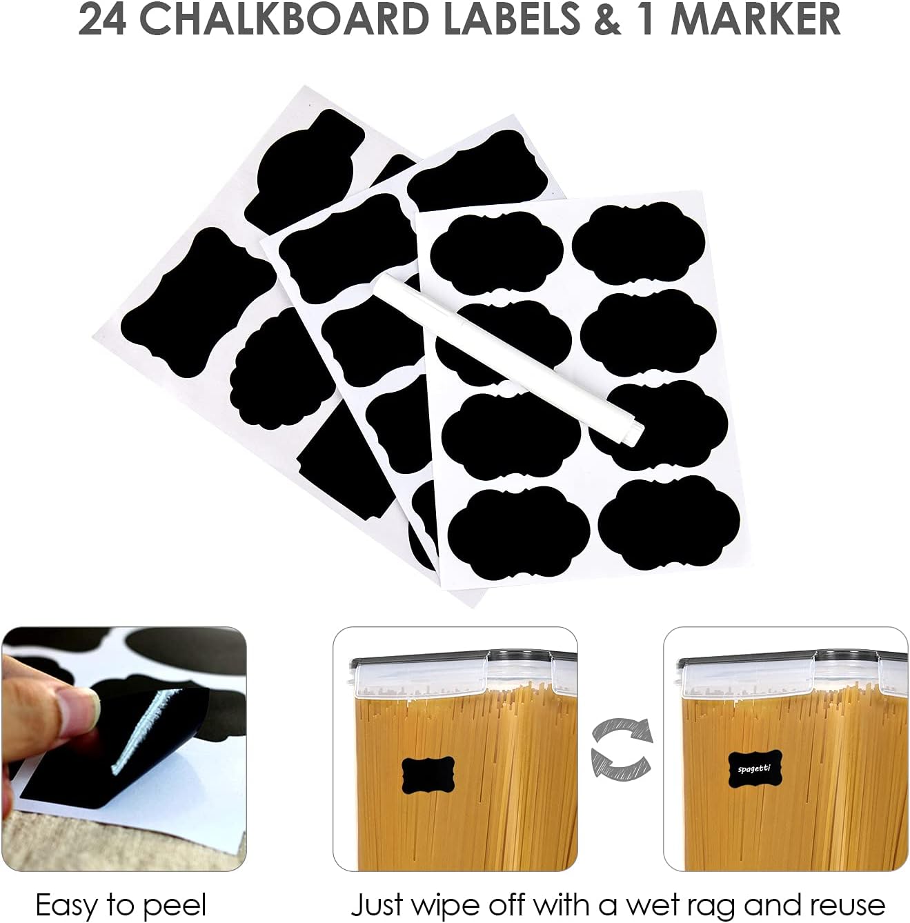 Vtopmart Extra Large Tall Airtight Food Storage Containers, 4 Pieces 5.9qt/6.5L Plastic PBA Free Kitchen Pantry Canister for Spaghetti, Flour and Baking Supplies, with 24 Labels, Black