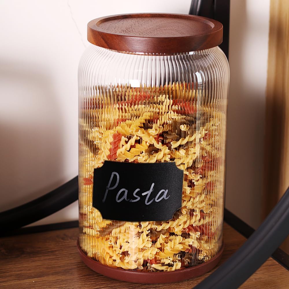 SAIOOL 2-Pack Striped Borosilicate Glass Airtight Canisters - Big mouth Large Capacity, Acacia Wood Lid, Food Storage Jars for Flour, Pasta, Pantry Organization (1 Gallon (2 Striped pack))