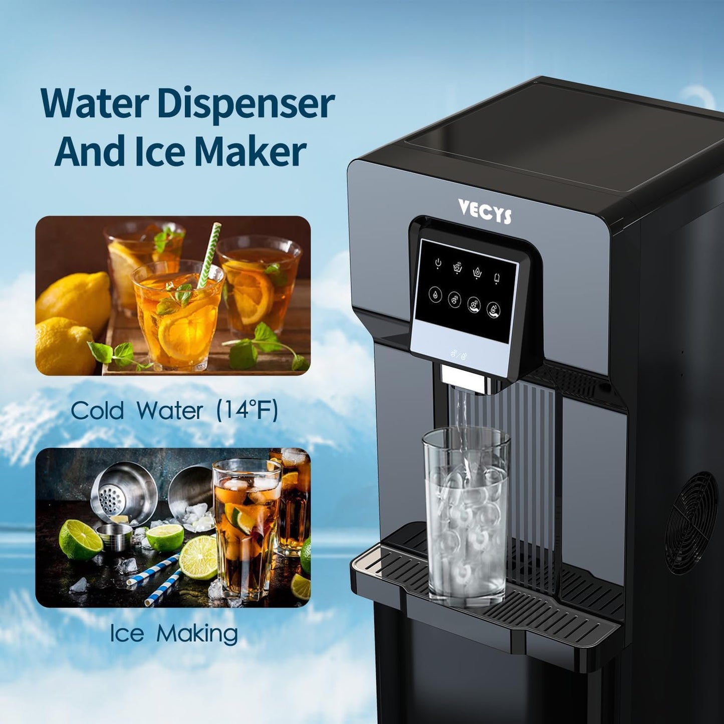 VECYS Bottom Loading Water Cooler with Ice Maker, Cold Water Supply with 18LBS Daily Ice Making, Compatible with 3 or 5 Gallon Bottles, Ideal for Home and Office (No Hot Water)