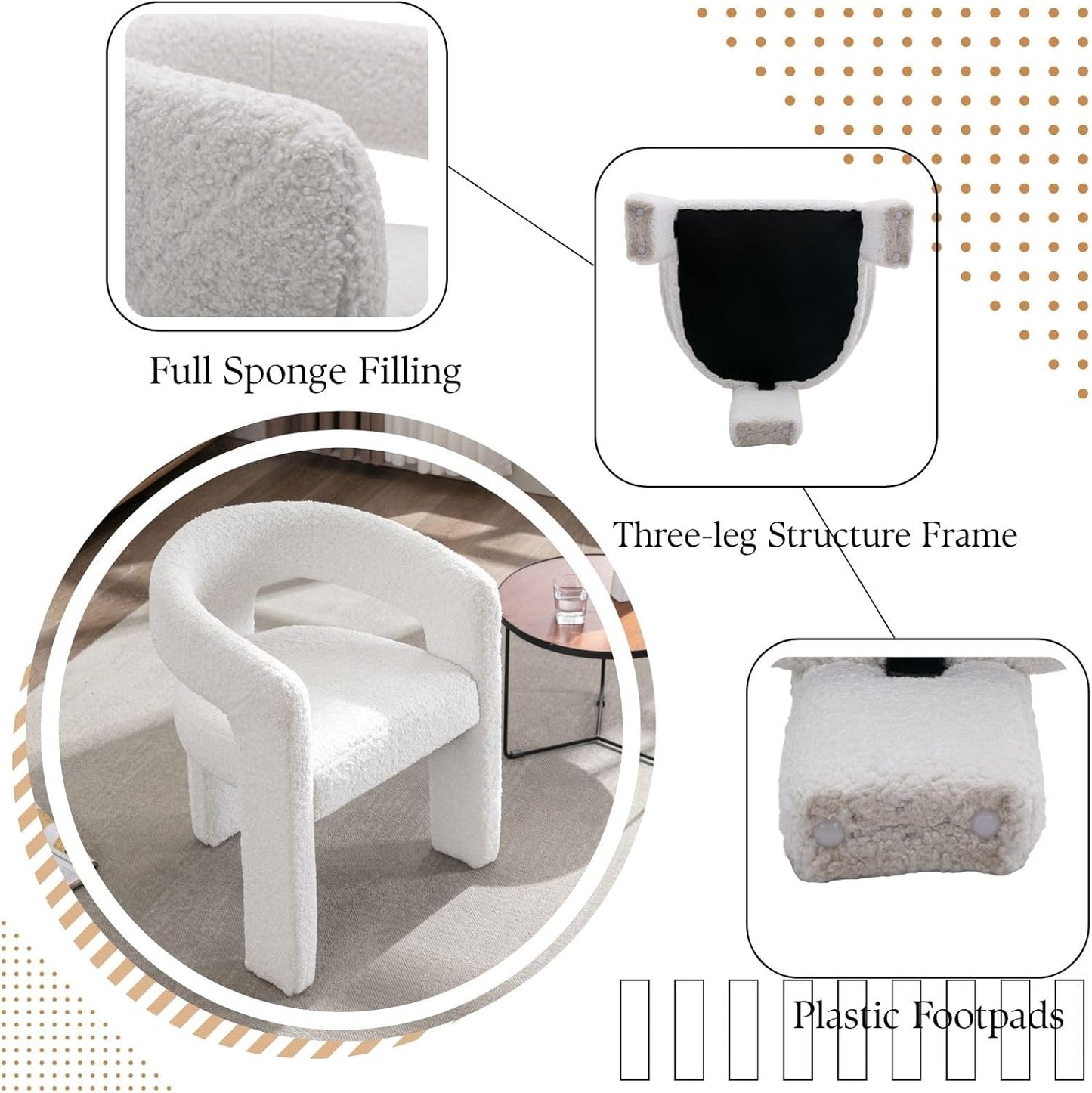 White Boucle Dining Chairs Set of 2, Modern Barrel Dining Room Chairs Upholstered Faux Fur Accent Chair with Arms and Round Back for Living Room Kitchen Armchair No Assembly Needed