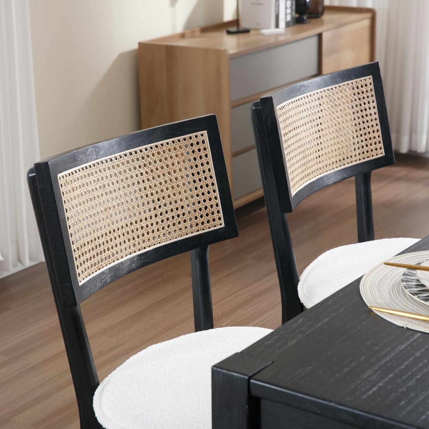 Rattan Dining Chairs Set Of 2 , Mid Century Modern Black Wooden Cane Back Chairs with Removable Sherpa Cushion , Retro Farmhouse Upholstered Kitchen & Dining Room Chairs for Restaurant Living Room