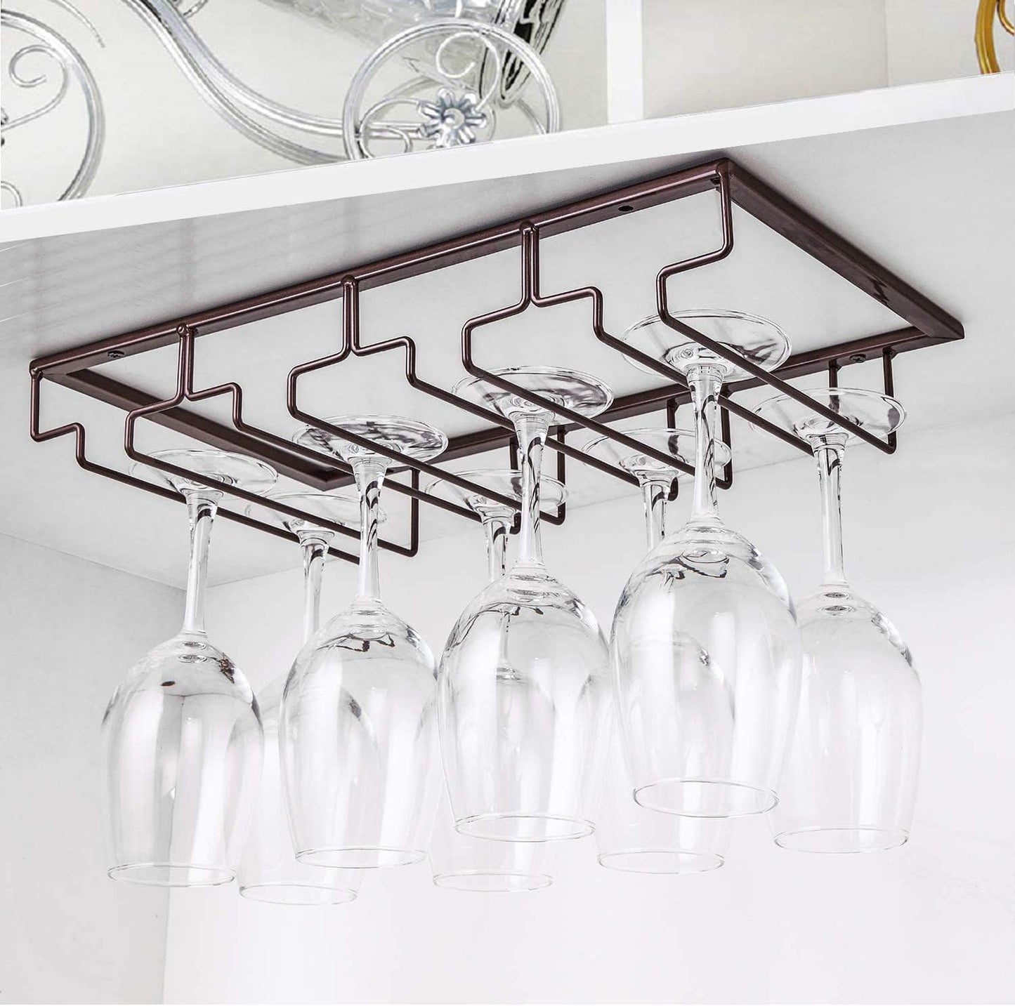 Wine Glass Rack Under Cabinet - Stemware Holder Metal Wine Glass Organizer Glasses Storage Hanger for Bar Kitchen Brown 4 Rows
