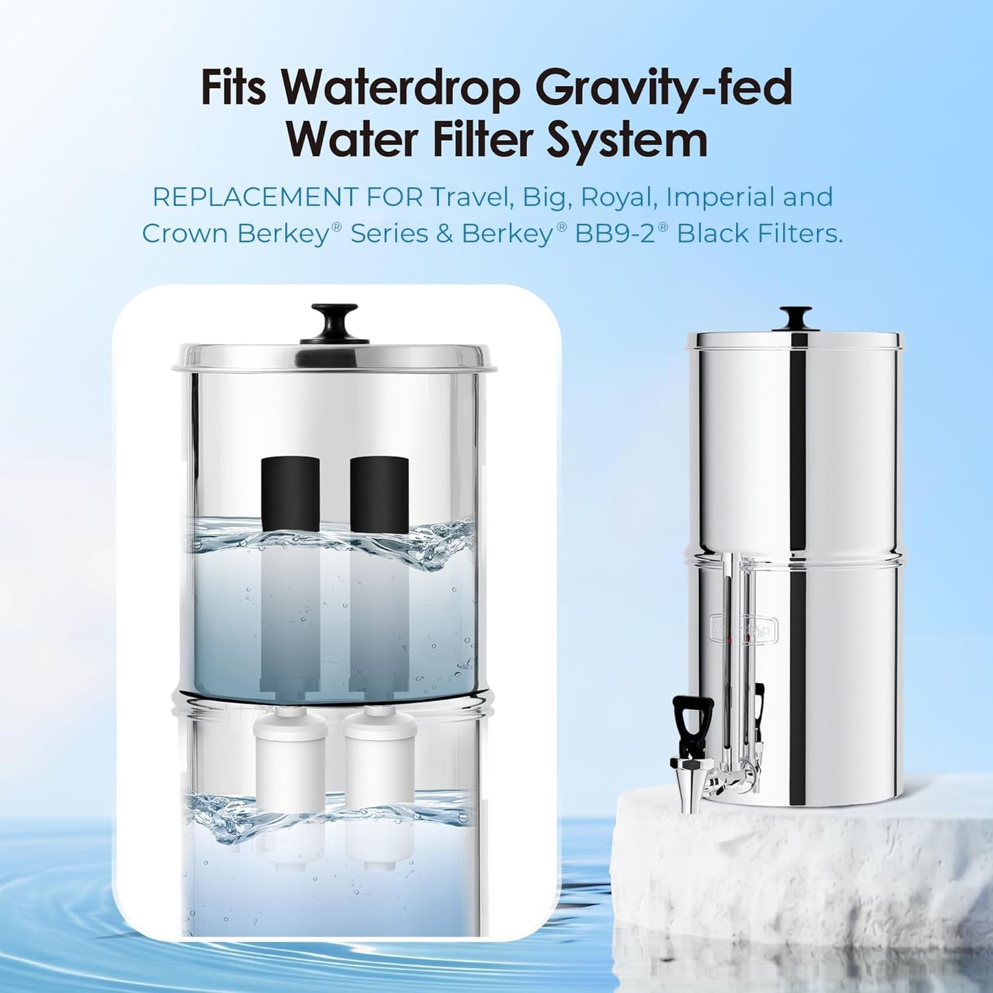 Waterdrop NSF/ANSI 42&372 Standard Gravity Water Filter, Replacement for Berkey® BB9-2® Black Filters & PF-2® Fluoride Filters, Berkey® Gravity Water Filter System and Waterdrop King Tank Series