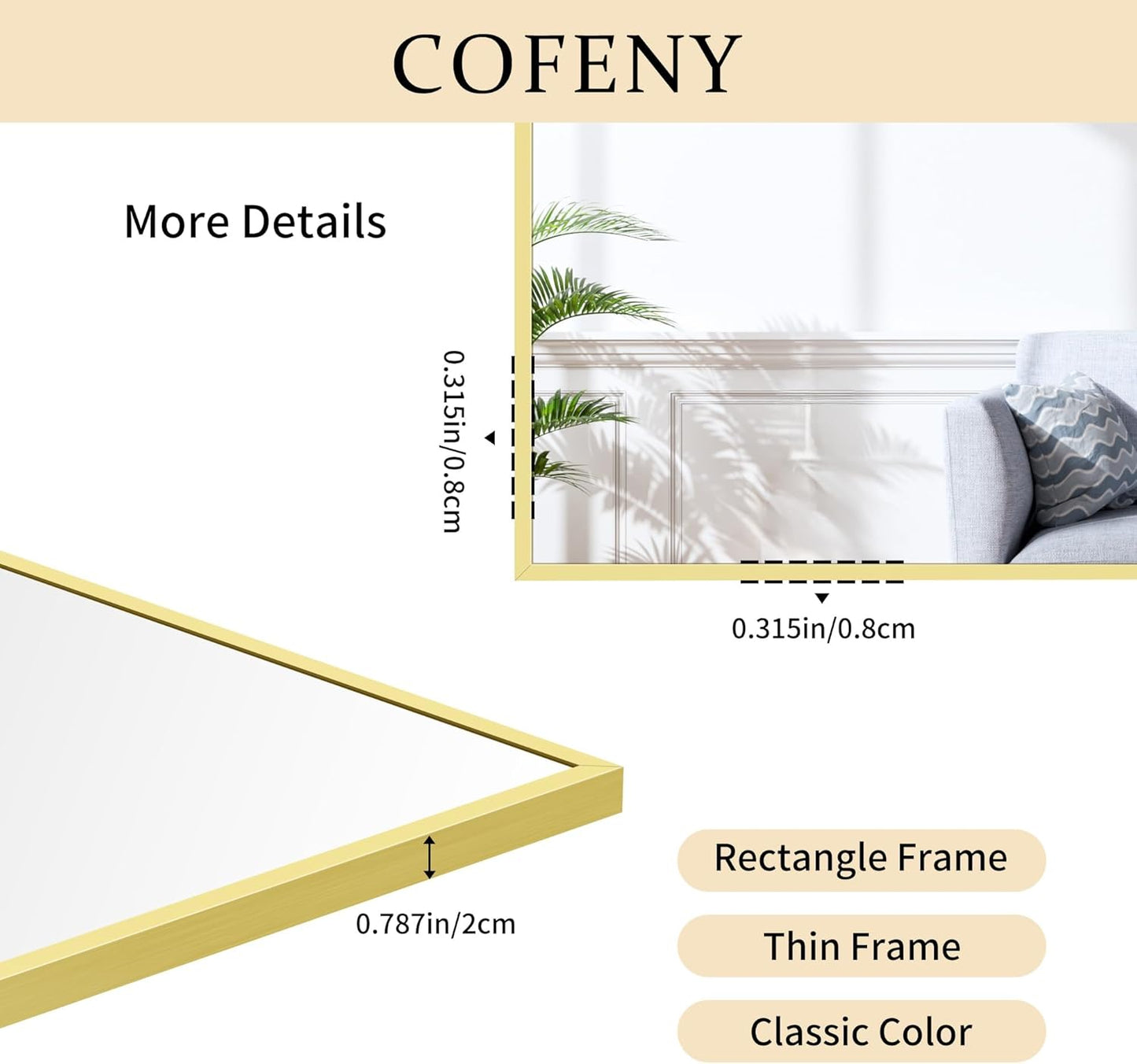 30x55In Gold Bathroom Mirror for Wall, Brushed Gold Rectangle Mirrors with Metal Frame, Bathroom Rectangular Mirror Modern Wall Mirror for Bedroom Living Room, Hangs Horizontal or Vertical
