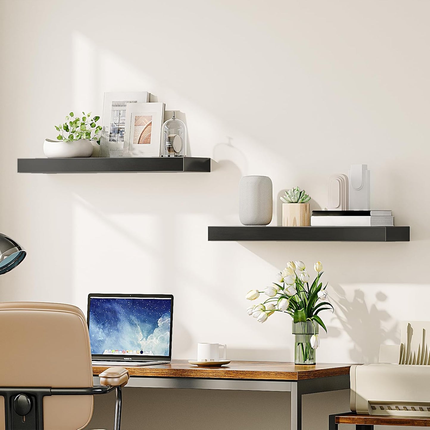 HOOBRO Floating Shelves for Wall, Wall Mounted Shelf Set of 2, 23.6" Hanging Shelf with Invisible Brackets, for Wall in Bathroom, Bedroom, Toilet, Kitchen, Living Room, Office, Black BK60BJ01