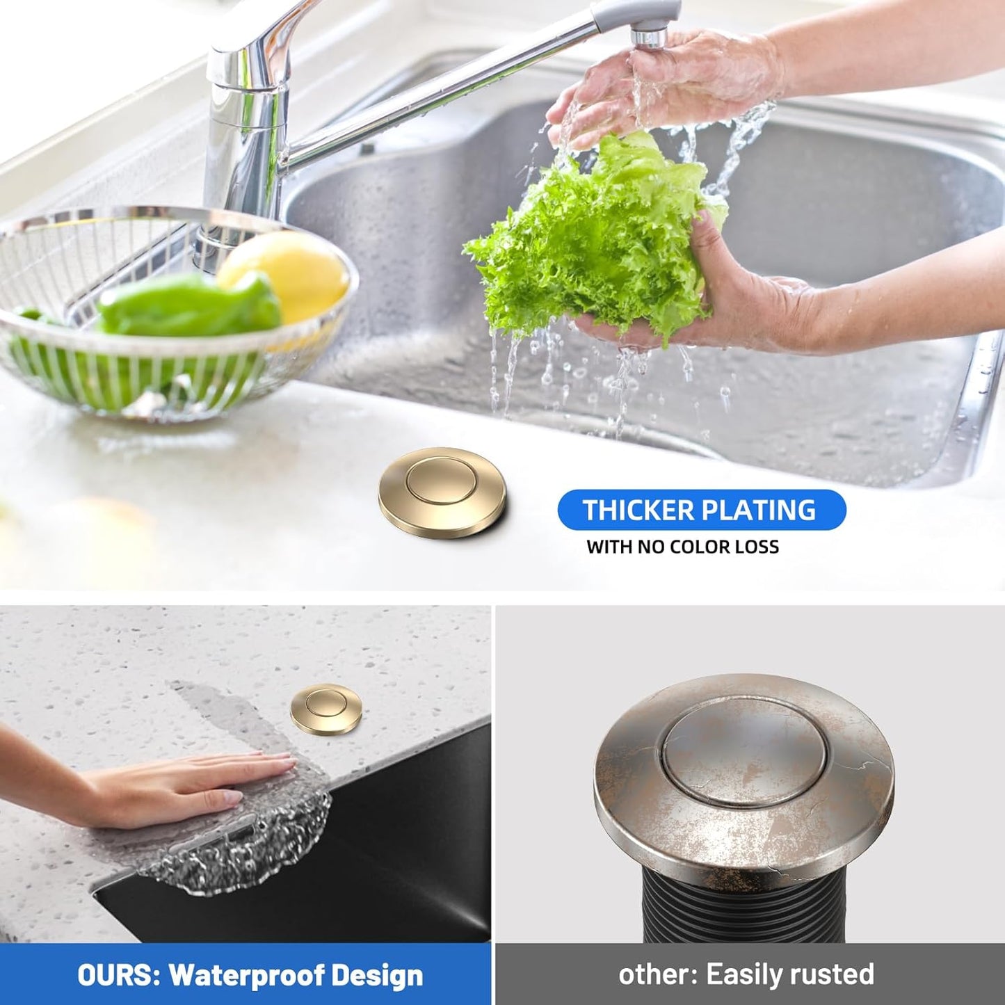 Garbage Disposal Air Switch Kit, UL Listed, Professional Sink Top On/Off Button, Champagne Bronze Finish, Compatible with Delta Faucet, Dual Outlet Universal Fit for All Garbage Disposals