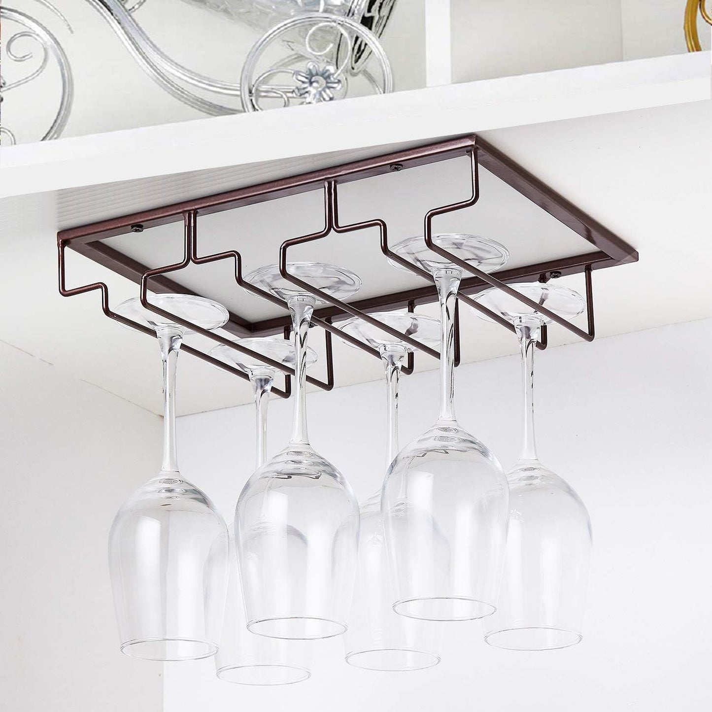 Wine Glass Rack - Under Cabinet Stemware Wine Glass Holder Glasses Storage Hanger 2 Pack Metal Organizer for Bar Kitchen Brown