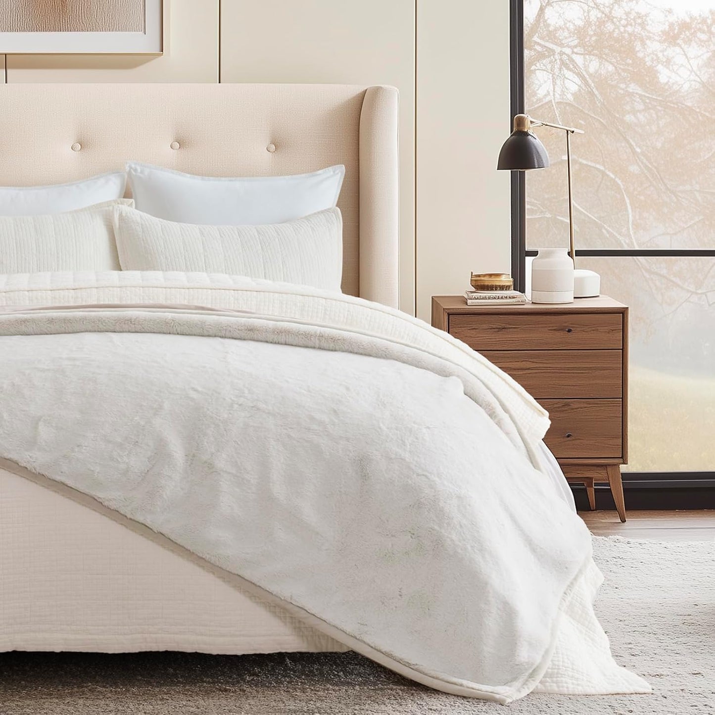 Ultra Soft Luxury Fluffy Mink Faux Fur Throw Blanket, Thick Warm Fall Winter Blankets for Bed, Couch, Cozy Plush Reversible Blanket for Chair, Sofa (Tipped Champagne Ivory, 60"x80")