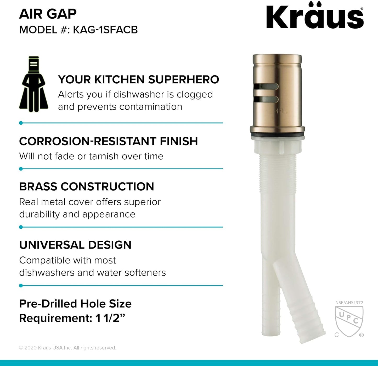 KRAUS Dishwasher Air Gap in Spot Free Antique Champagne Bronze, KAG-1SFACB
