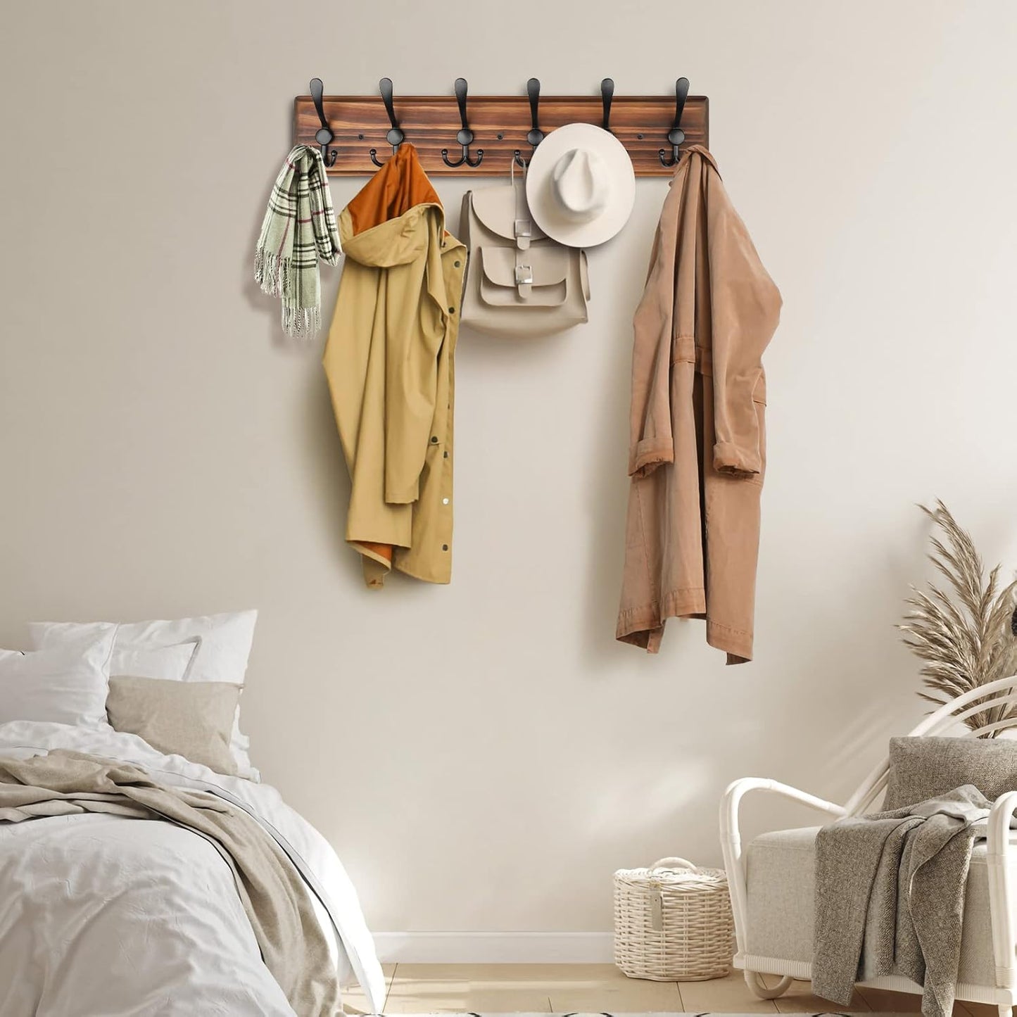 Coat Rack Wall Mount, Wooden Heavy Duty Coat Rack for Wall,6 Triple Coat Hanger Hooks for Hanging Coats,Jacket,Hat,Clothes (Brown, 6 Hooks)