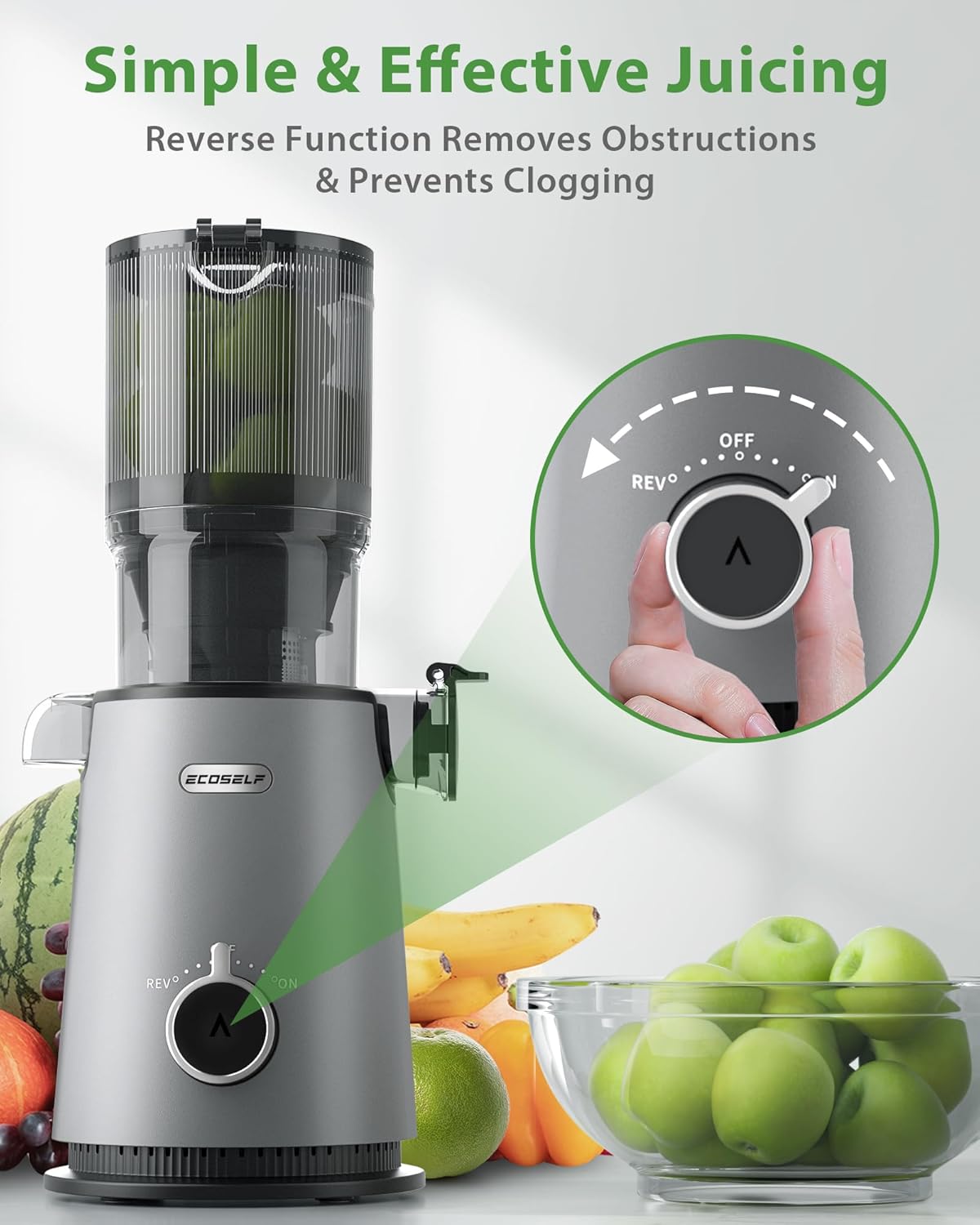 Cold Press Juicer, ECOSELF Juicer Machines with 4.35" Large Feed Chute Fit Whole Fruits & Vegetables, Self Feeding for Juice Extractor Machine, Easy to Clean and Assemble, High Juice Yield