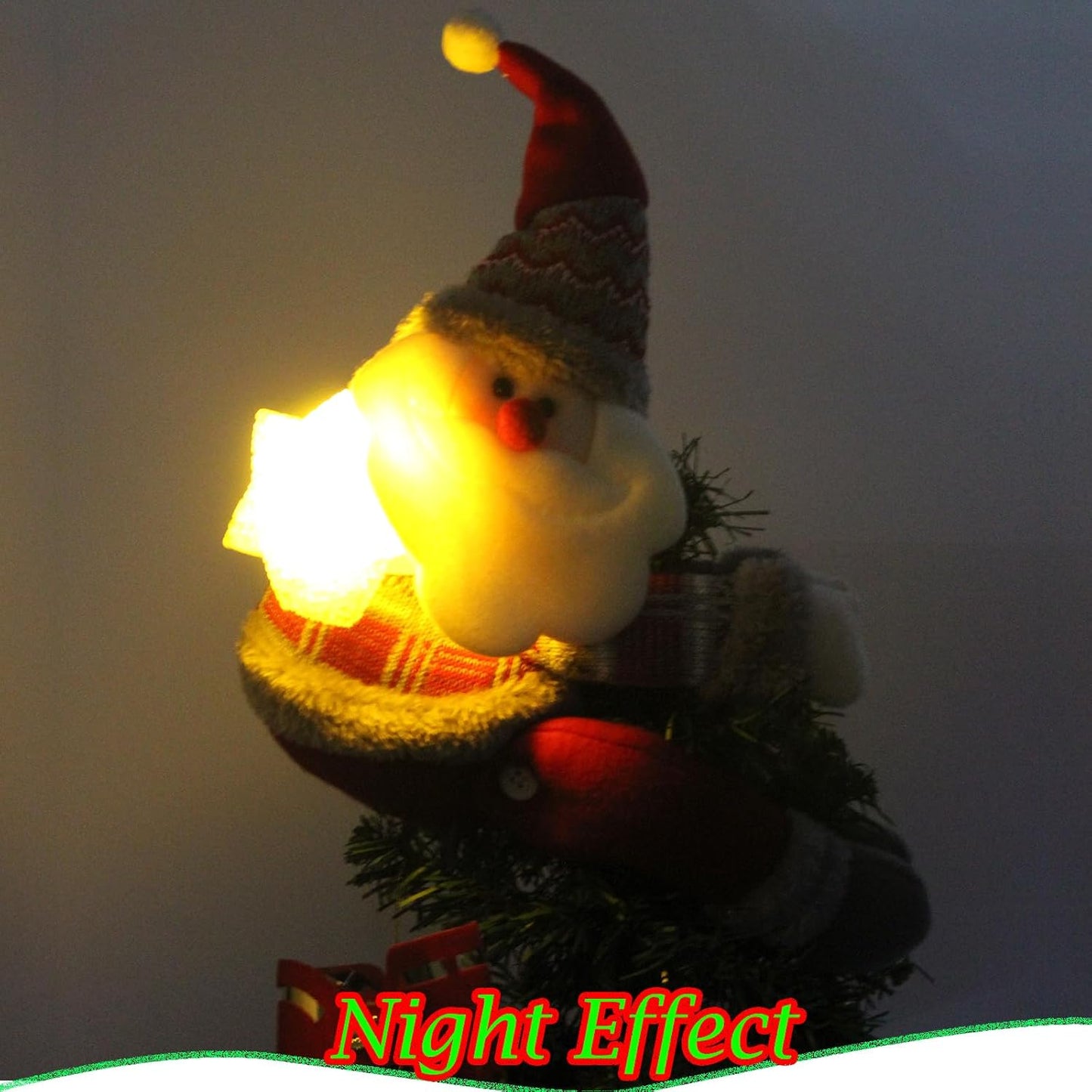 Christmas Plush Santa Claus Tree Topper with Light-up Yellow Star,Xmas Treetop Ornament-Also Be Used As Home Curtain Tie and Hugger Wine Bottle Party Decorations