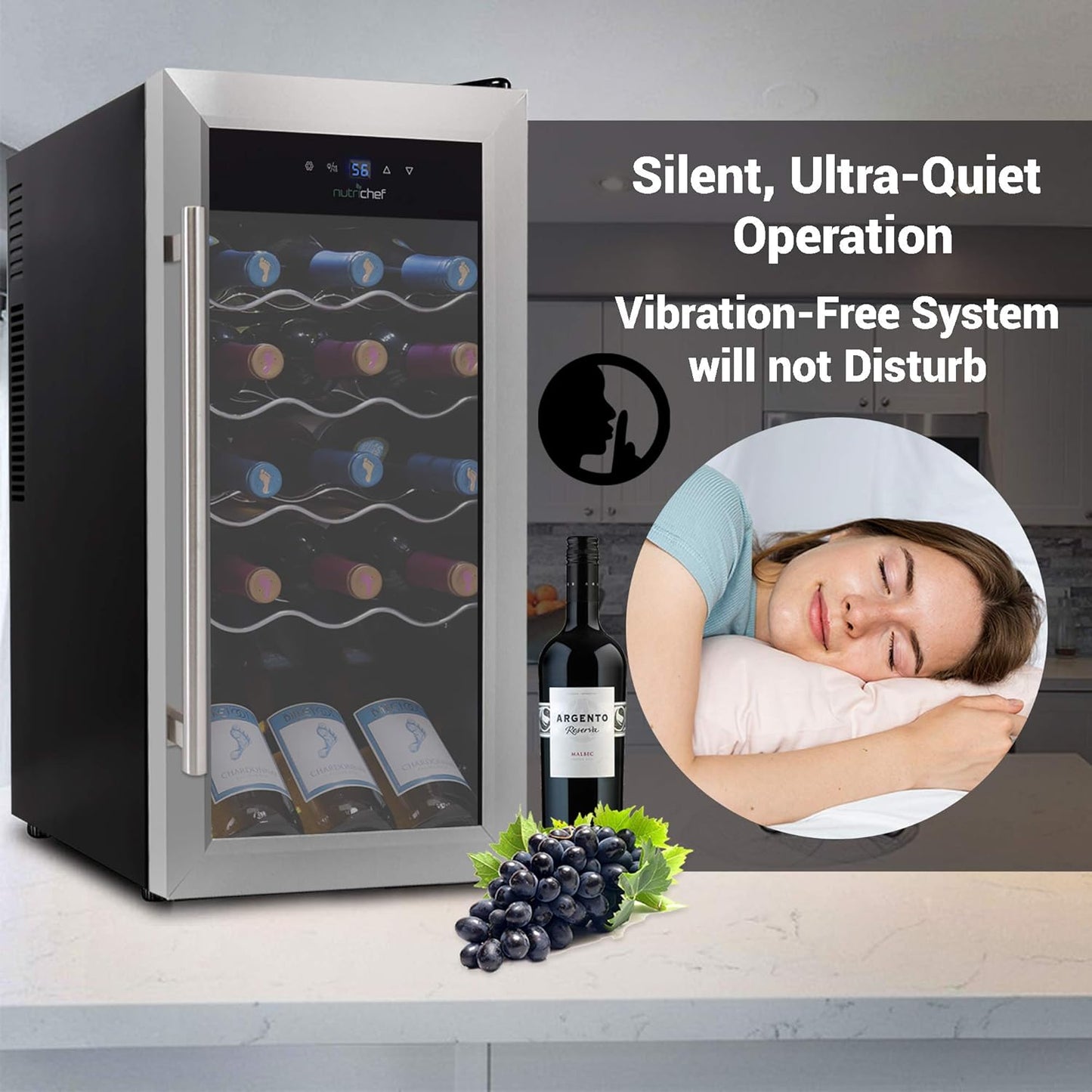 NutriChef PKCWC18 Slim Wine Fridge 18 Bottle Mini Beverage Chiller Adjustable Temp Control, 30x13x17 IN, Black