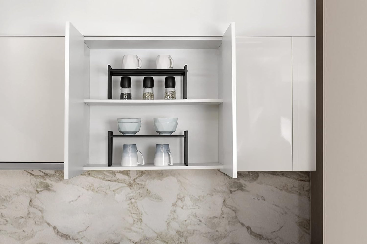 Nxconsu 2Pack Cabinet Shelves Stackable Shelf Organizer Rack Riser for Kitchen Cabinet Pantry Cupboard Counter Countertop Home Organization Storage Space Saver Heavy Duty Metal Nonslip Black