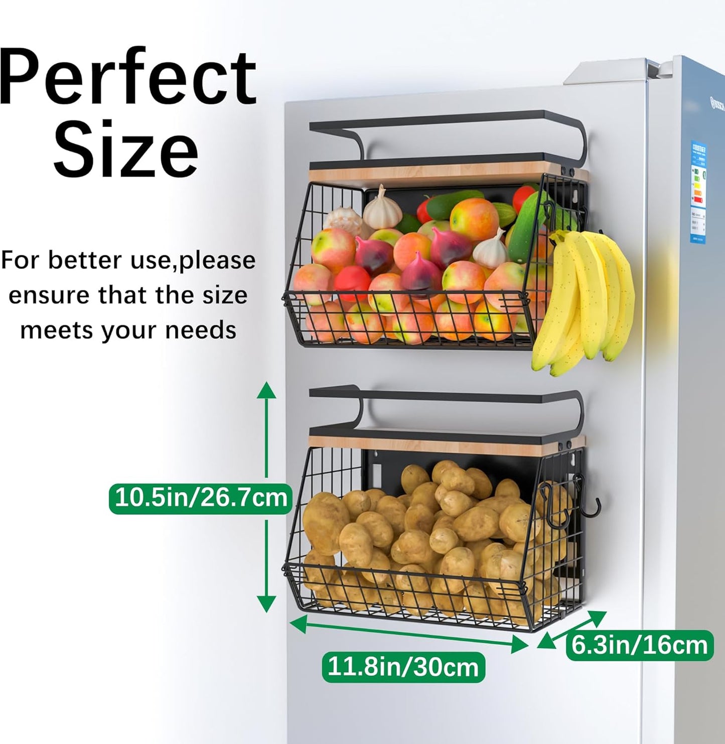 Magnetic Spice Rack for Refrigerator, Fruit, Potato & Onion Storage Bin,Large Capacity Magnetic Shelves for Side of Refrigerator, Kitchen Organizers and Storage Countertop,2 Pack Black