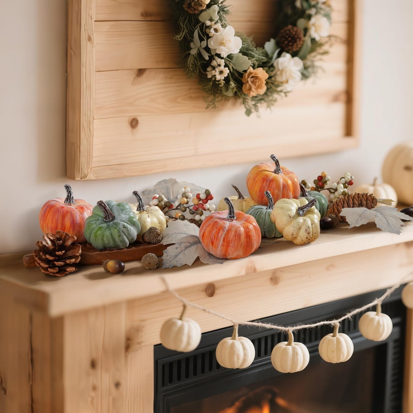 Artmag 25 PCS Pumpkin Decor Set, Artificial Pumpkins Fall Decor for Halloween Thanksgiving Decorations with Acorns, Pinecones, Berries, Maple Leaves for Home Table