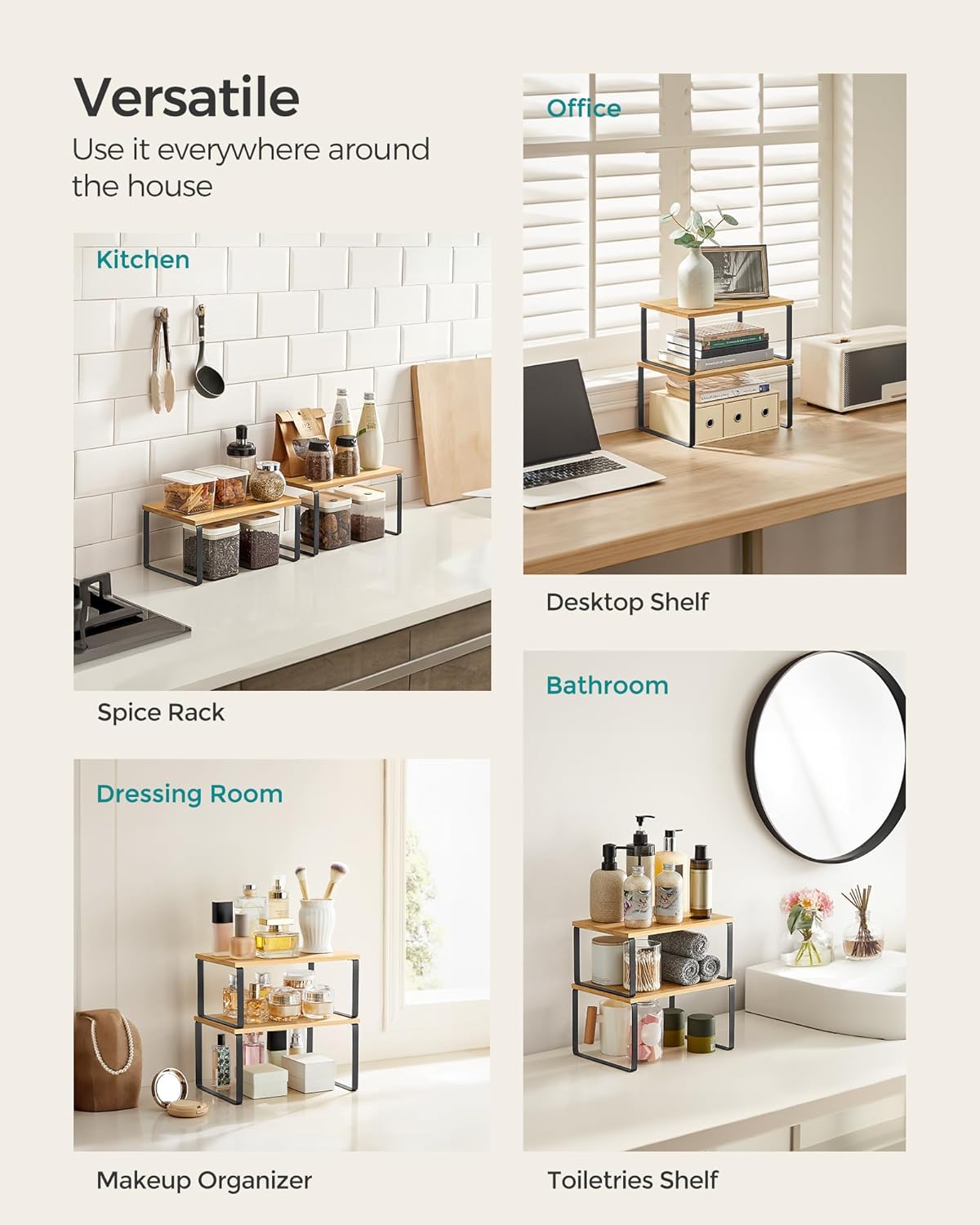 SONGMICS Cabinet Organizer Shelf, Set of 2 Kitchen Counter Shelves, Kitchen Storage, Spice Rack, Stackable, Expandable, Metal and Engineered Wood, Ink Black and Natural Beige UKCS02NB