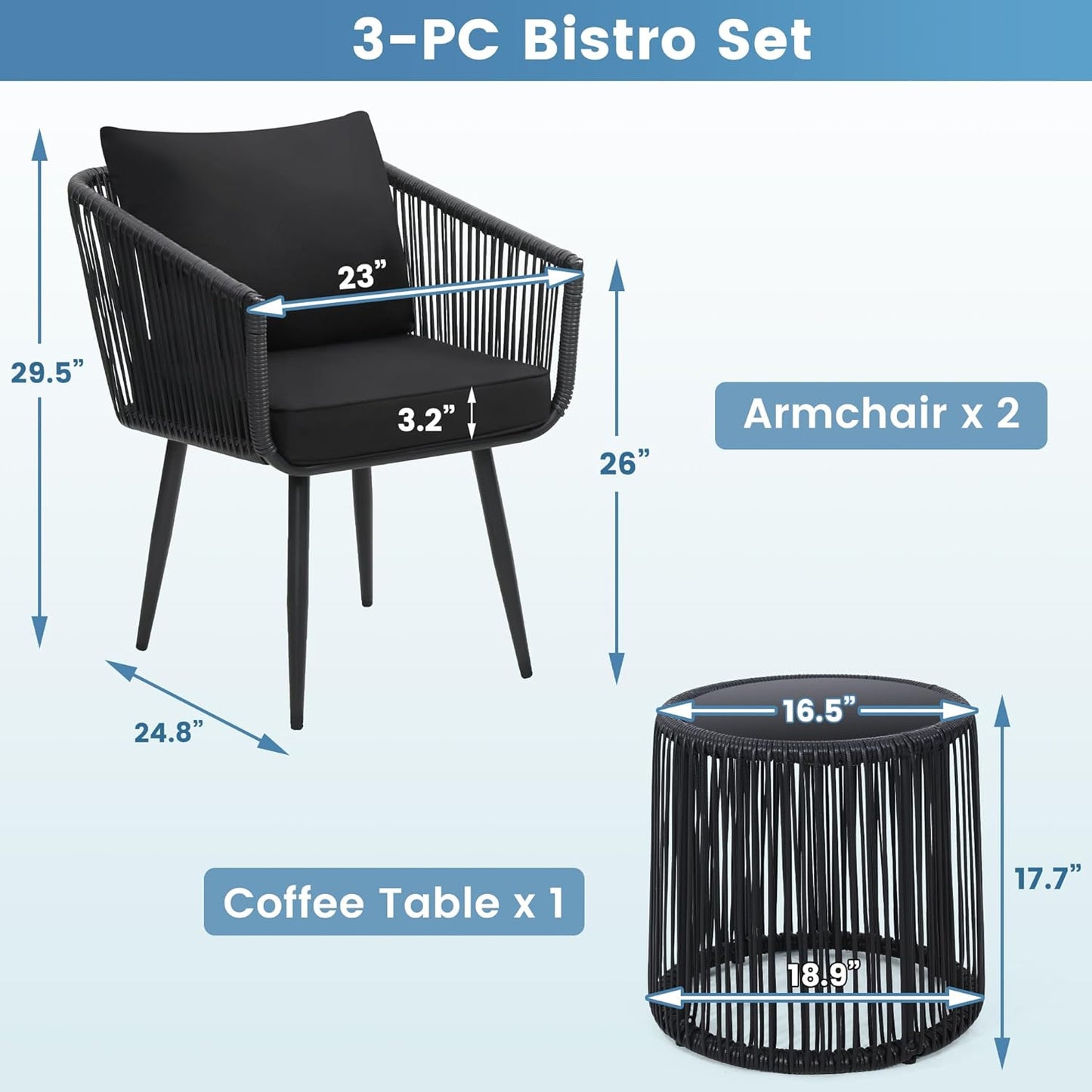 Kromax 3 Pieces Patio Rattan Bistro Conversation Set, Outdoor All-Weather Wicker Furniture Chairs and Side Table Set Ideal for Balcony, Porch and Backyard, Black