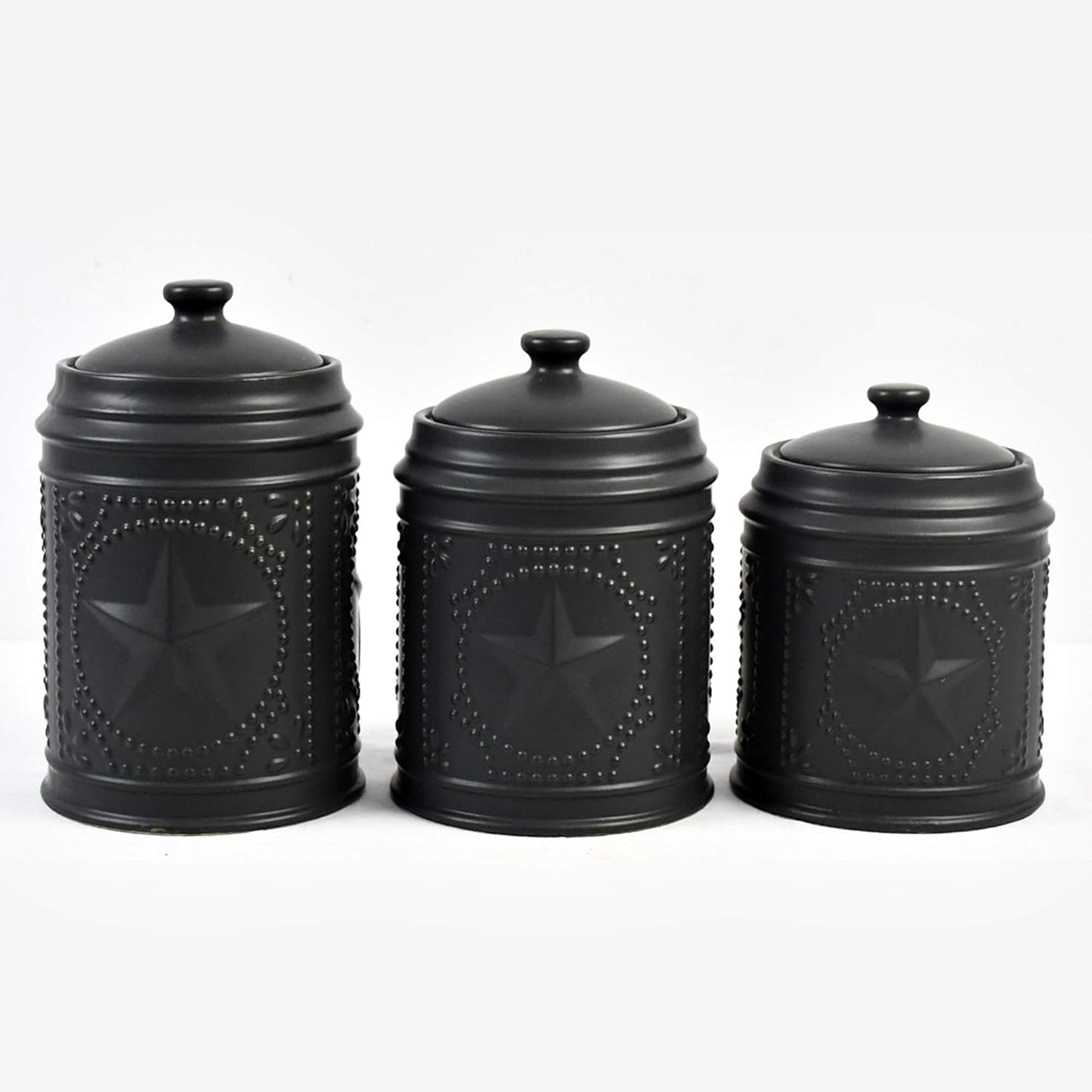 Set of 3 Black Unique Black Star Sealed Storage Canisters, 11"