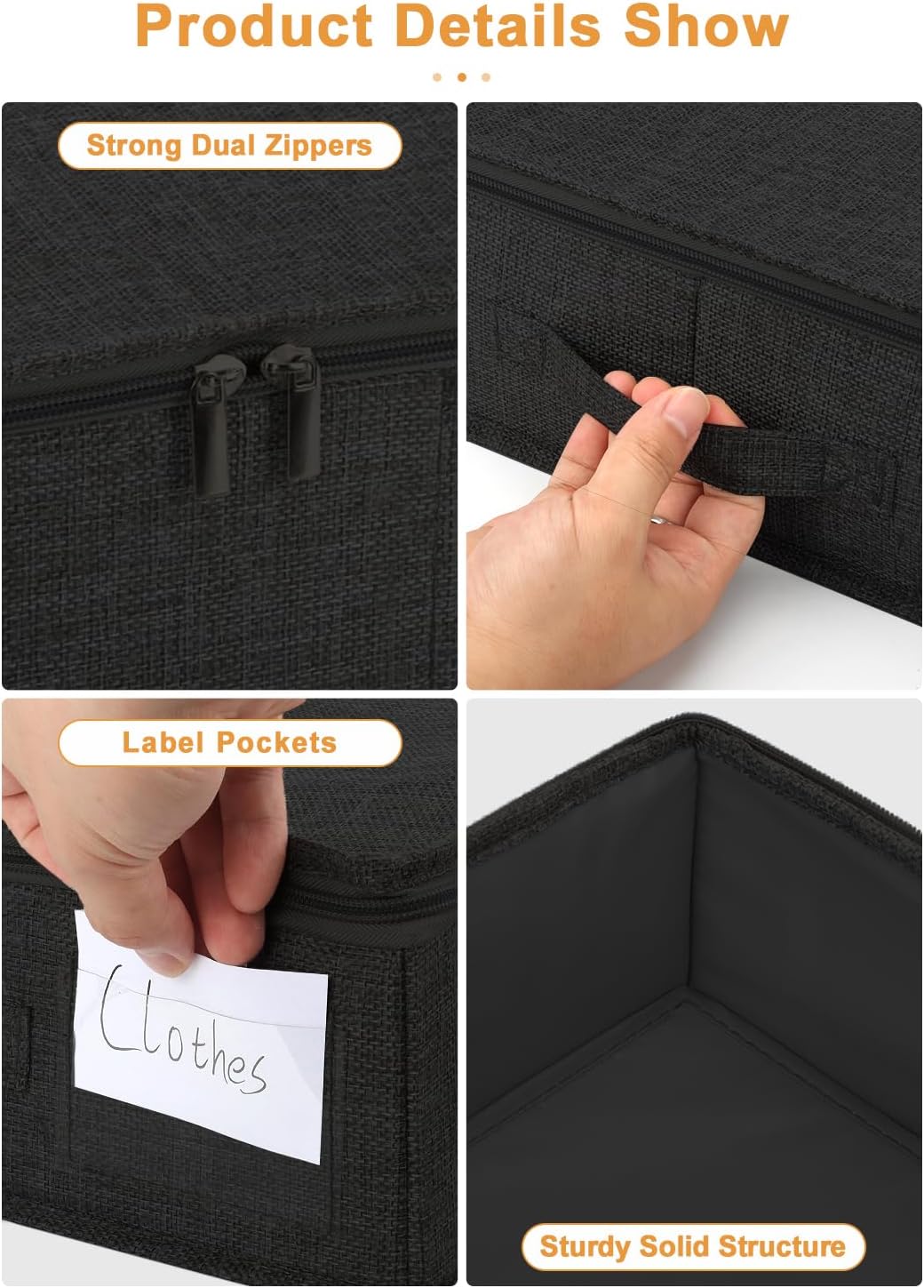 punemi Under Bed Storage Containers, 4.5 Inches Tall Low Profile Underbed Clothes Storage Organizer Bin with Sturdy Side & Bottom, Use as Shallow Dorm Storage Under Bed, Flat Clothes Organizer, Black