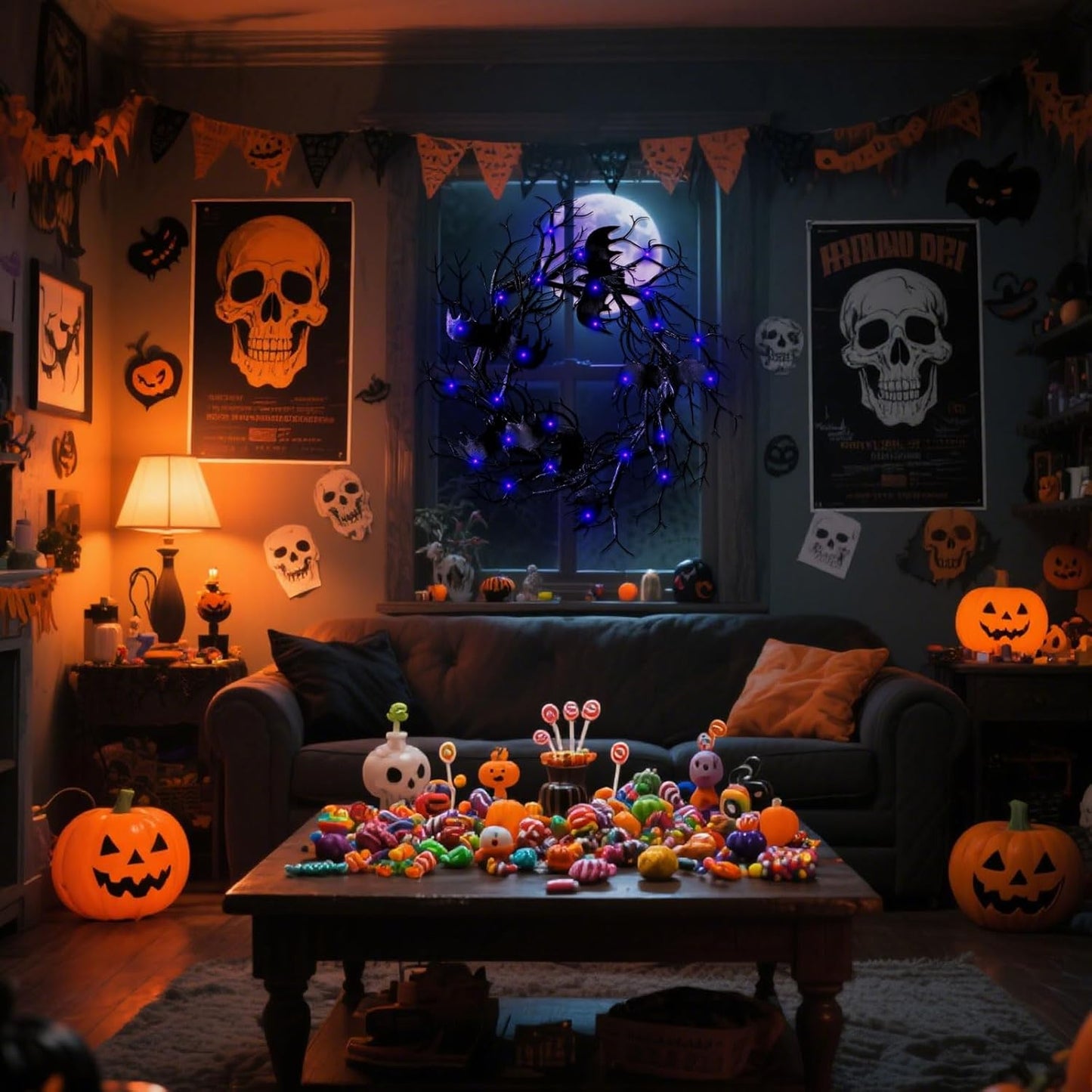 Halloween Black Branch Wreath - 18 Inch Black Twig Halloween Bat Wreaths for Indoor Outdoor Party Window Wall Decor Farmhouse Garland Yard