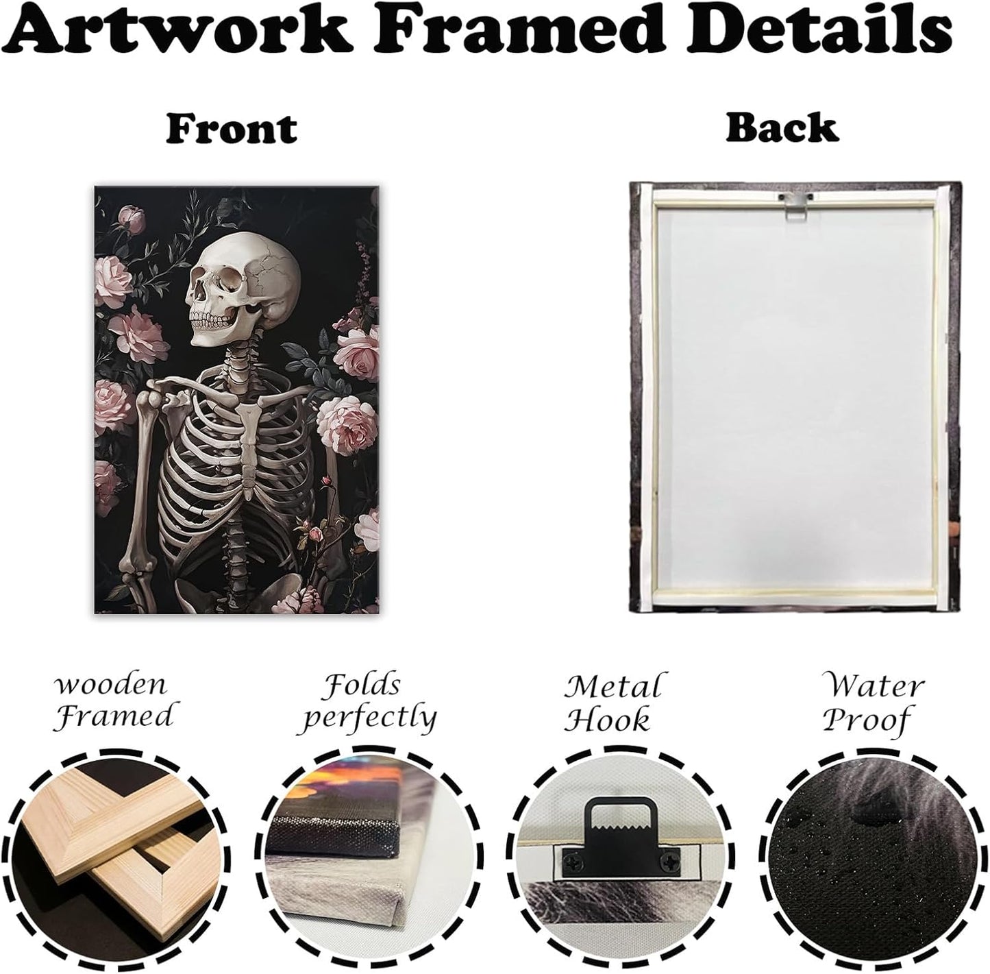 OAAPITI Skull Floral Wall Art Vintage Skeleton Portrait Canvas Print Dark Gothic Skull Art for Living Room Bedroom Home Wall Decor Ready to Hang(Artwork-10,24"x36")