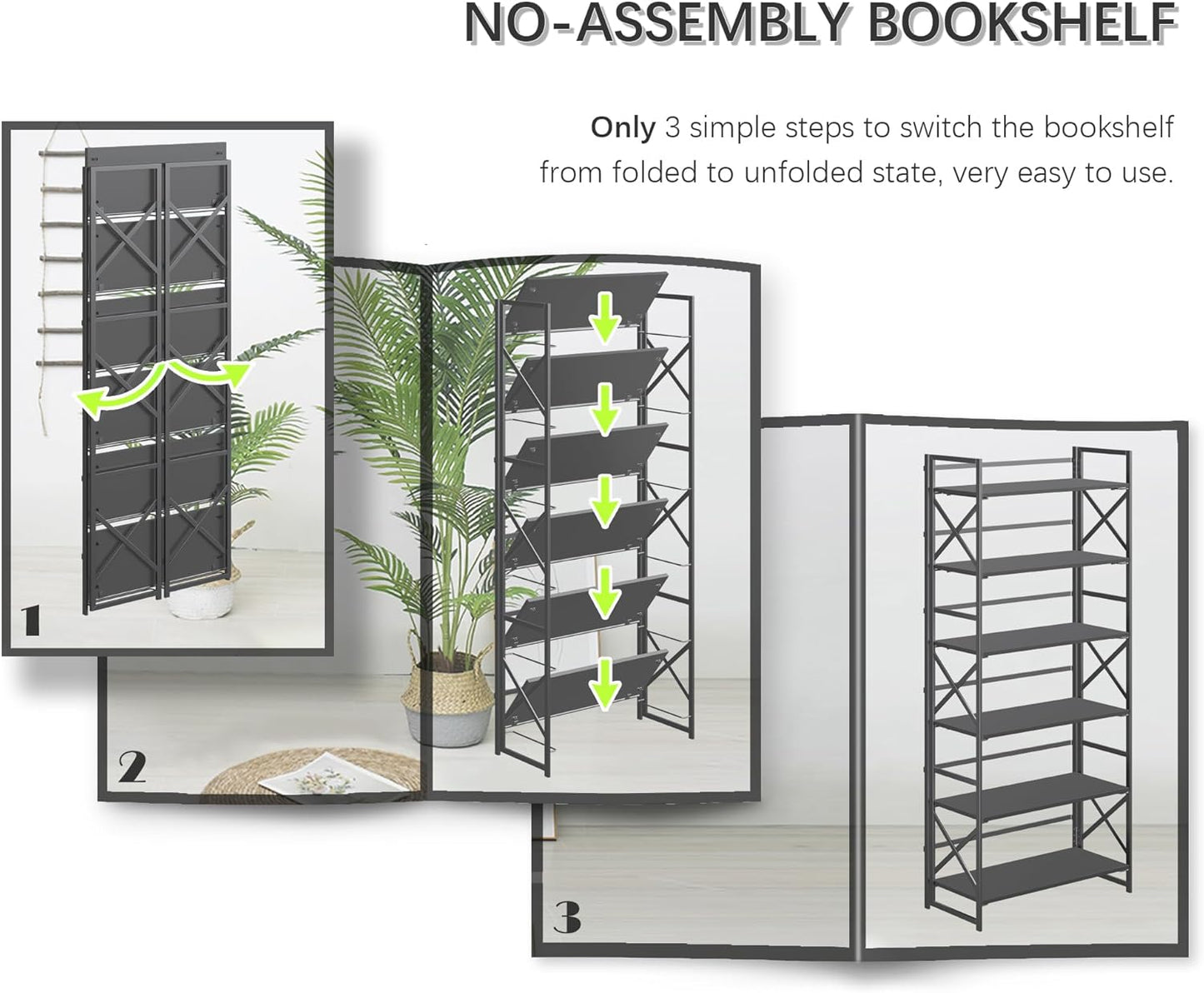 4NM 6 Tiers No Assembly Book Shelves, 61.8" H Folding Bookshelf Bookcase Open Industrial Foldable Shelves for Bedroom, Living Room, Home Office - All Black