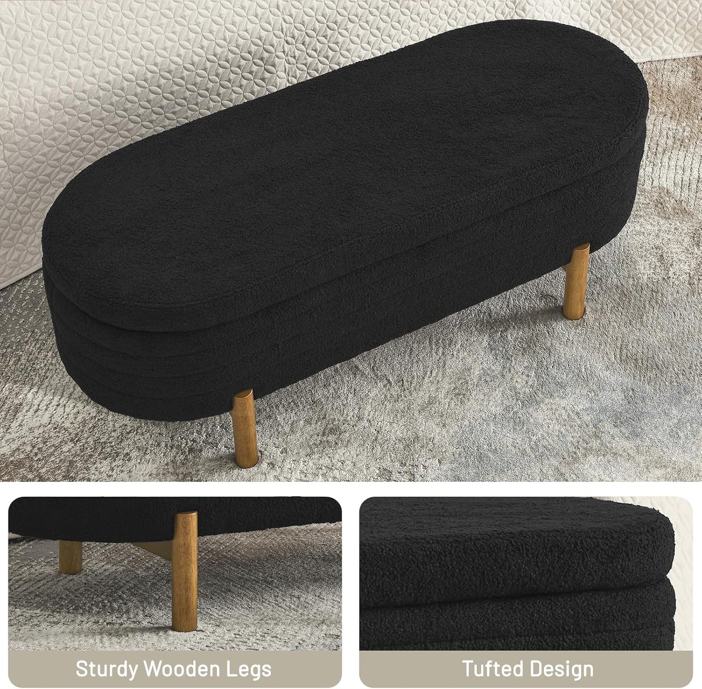 Furniliving 46” Storage Benches, End of Bed Bench with Button-Tufted Large Upholstered Storage Ottoman Teddy Window Bench with Storage Shoe Cabinet Bench, for Bedroom, Entryway, Closet, Black