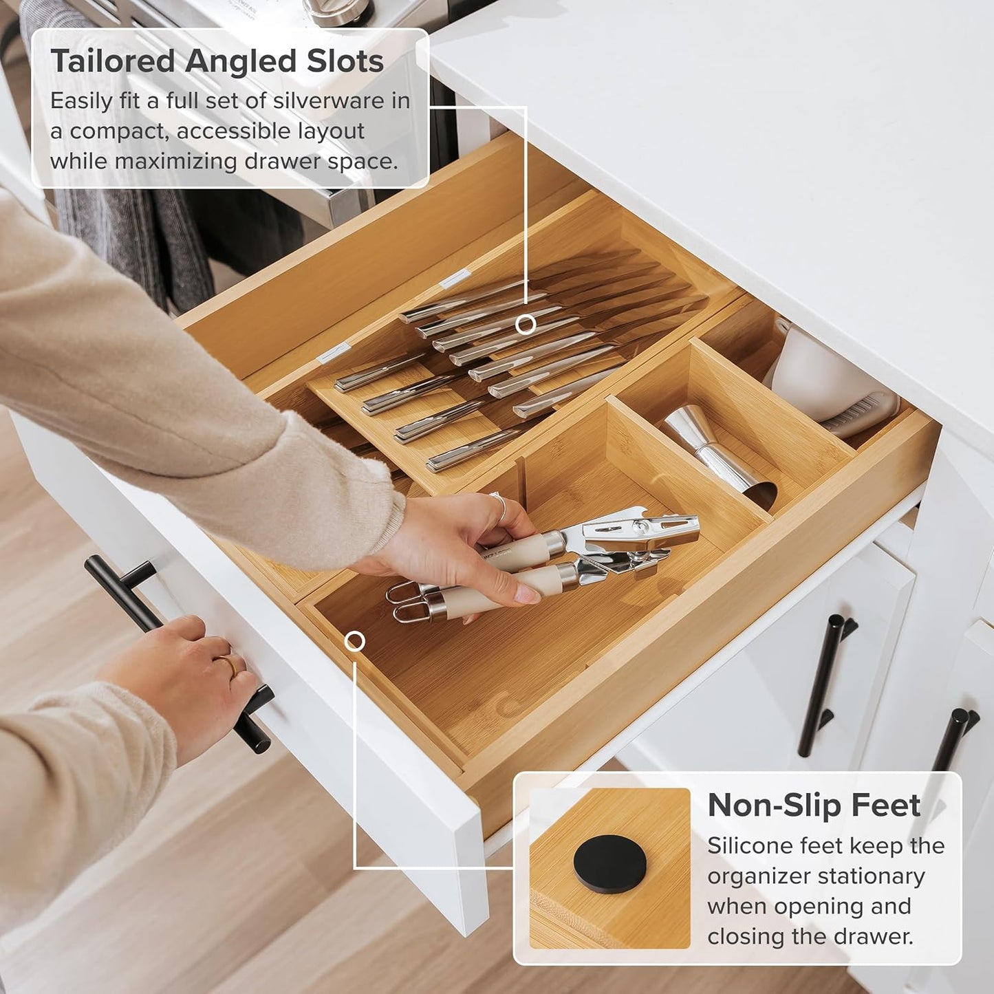 Premium Silverware and Utensil Drawer Organizers – Slanted 3-Compartment and 5-Compartment Design, Labeled Slots, Non-Slip Feet, 100% Sustainable Bamboo, 2 Pack