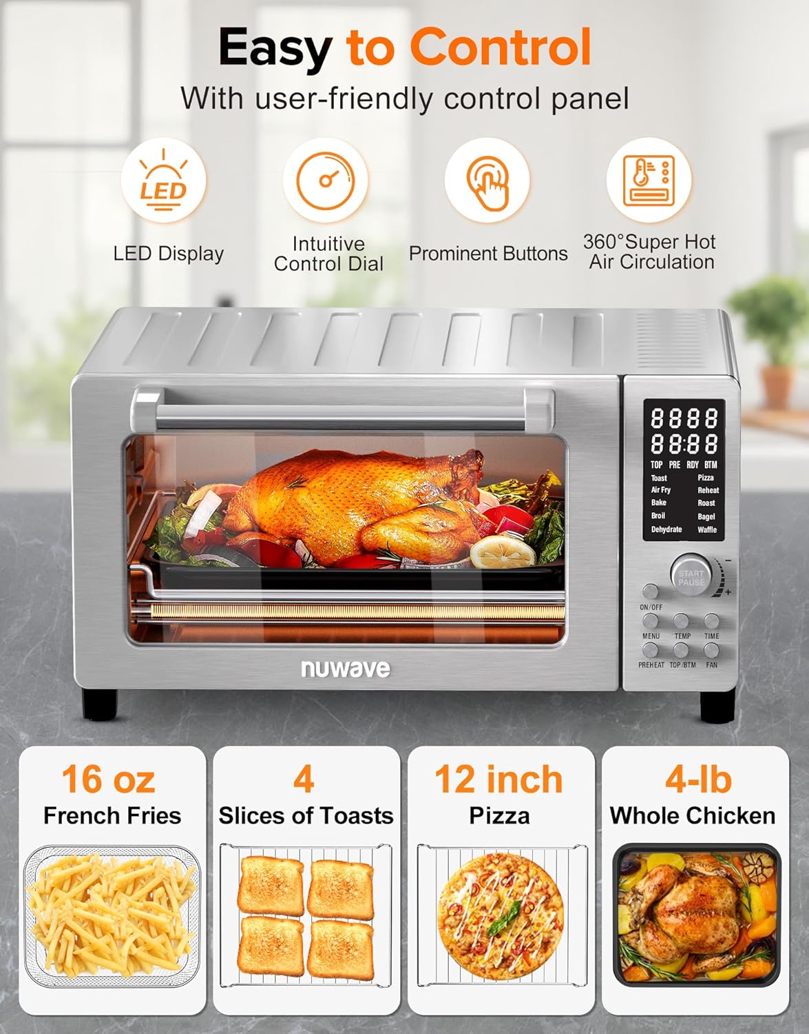 Nuwave Bravo Pro Smart 21QT Toaster Oven Air Fryer Combo, Convection Oven Countertop, 10 functions all in 1, with even & quick crisp technology, 50-450°F, 1800W, Stainless Steel