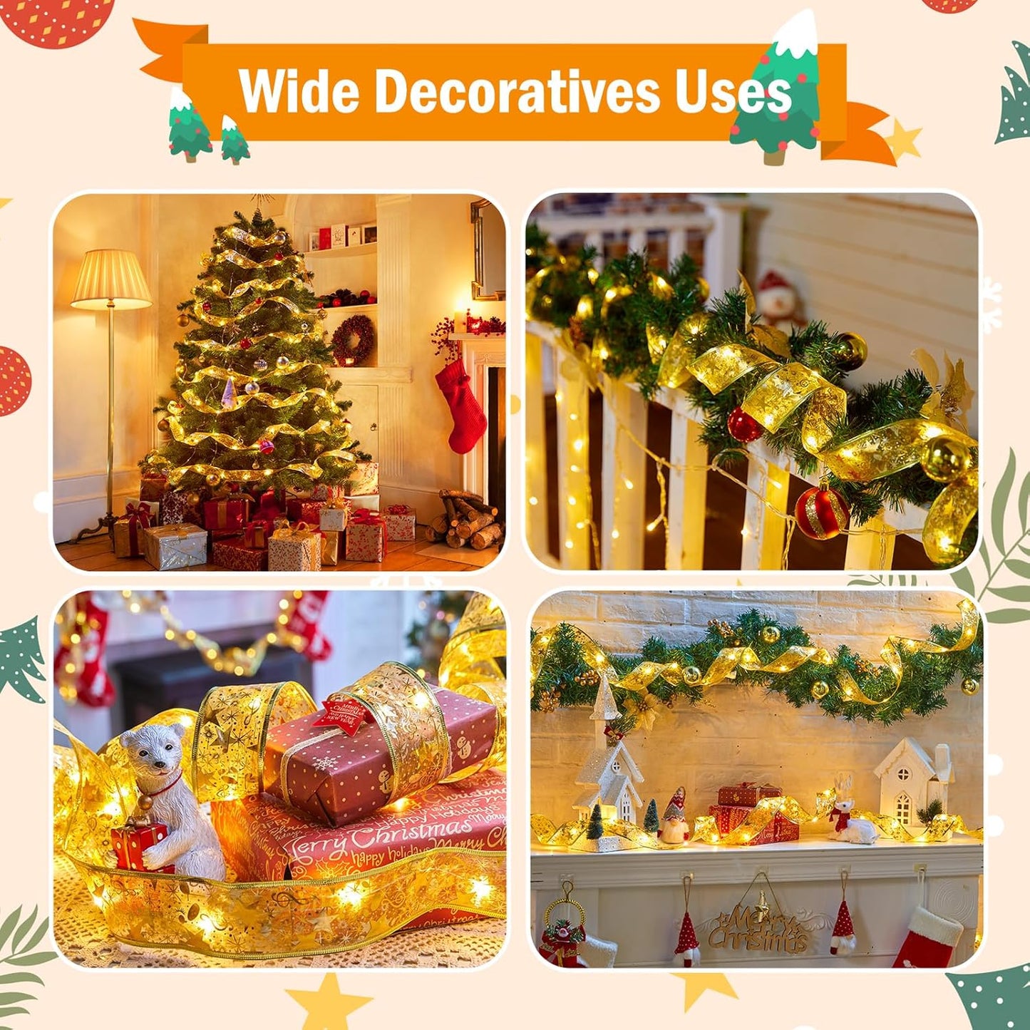 Minetom Christmas Tree Ribbon String Lights - 33ft 100 LED Battery Powered Fairy Lights with Timer