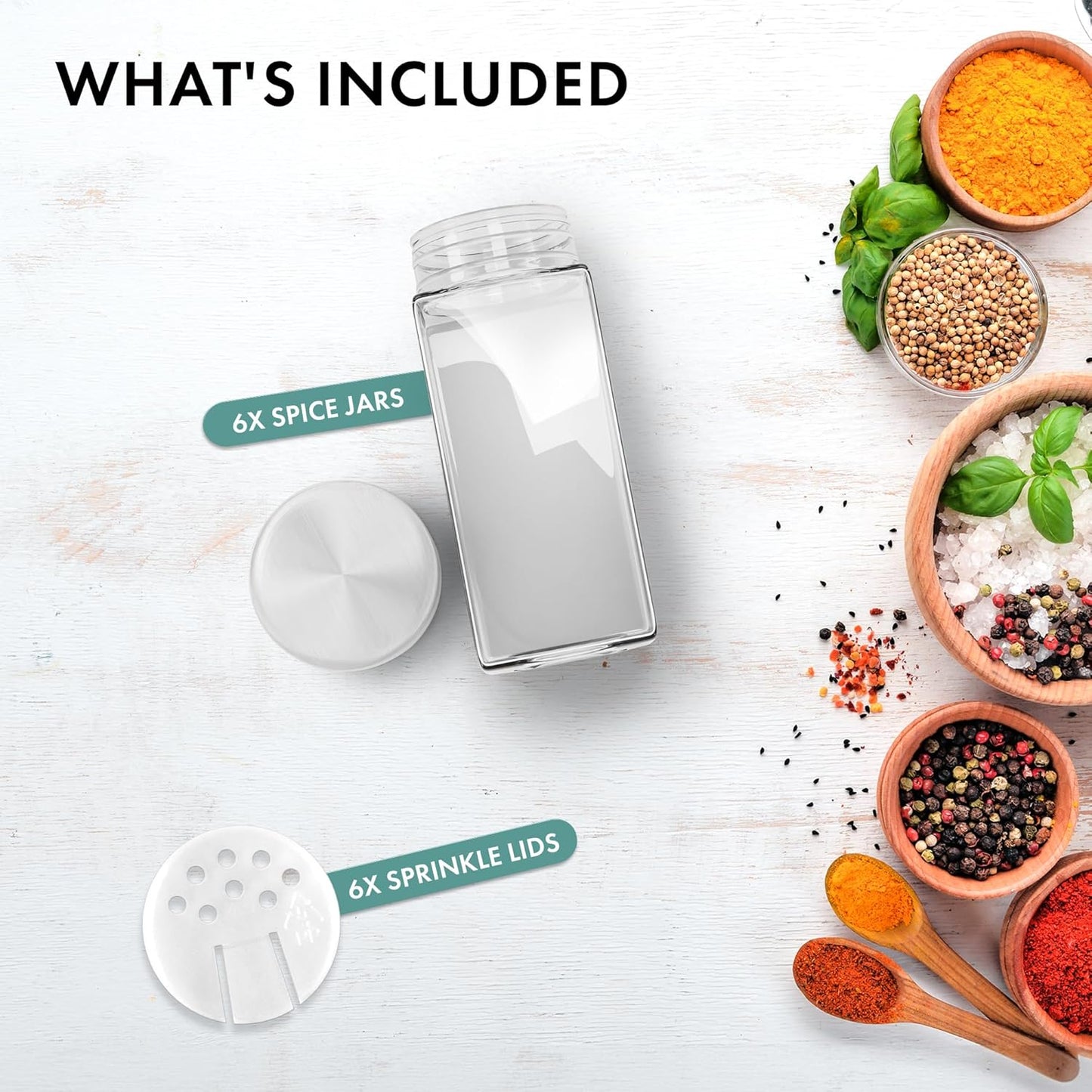 Glass Spice Jars and stainless Steel Lids (6 x 4oz) Spice Containers with Shaker Inserts - Add-On Pack Without Labels or Accessories