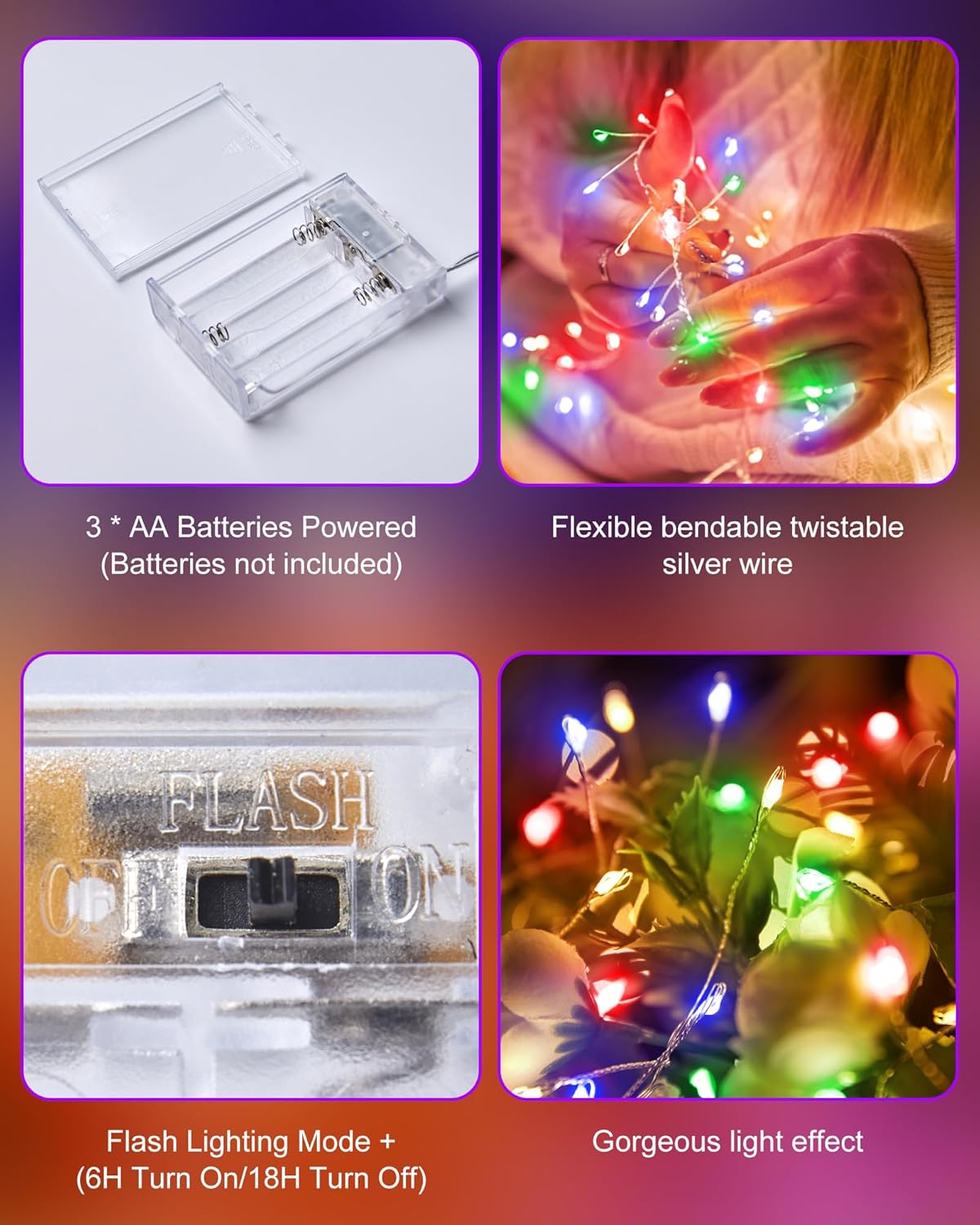 Minetom 4 Pack Fairy Lights Battery Operated, 5 Feet 60 Led Firecracker Starry Lights Waterproof Silver Wire String Lights for DIY Wreath Wedding Party Bedroom Mason Jar Holiday Christmas, Multicolor