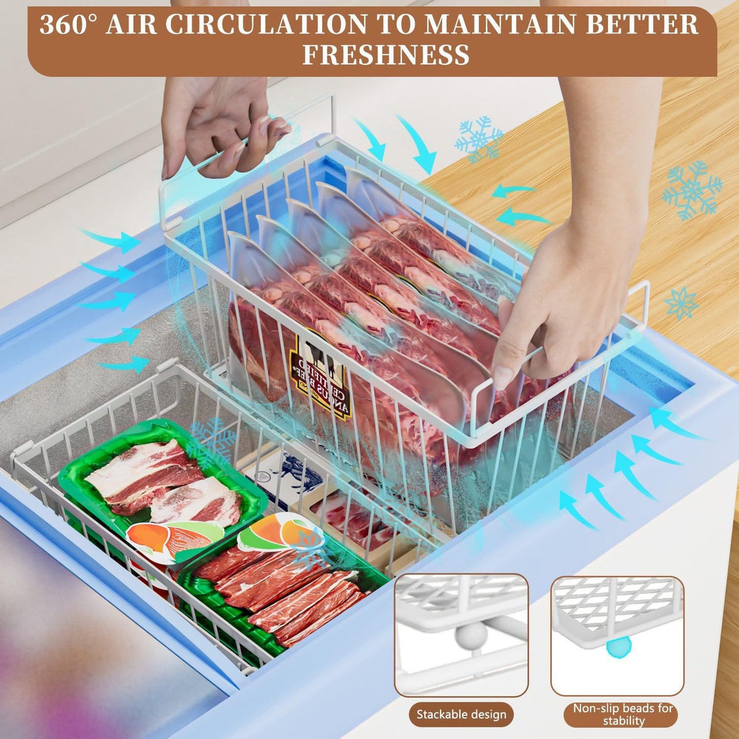 6 Pack Stackable Deep Freezer Organizer Bins ,Upgraded Bottom Leak-Proof net,Encryption and Hardening , Freezer Organizer Bins for 5 to 9 Cu.FT Small Chest Freezer, Easy Get Bottom Foods