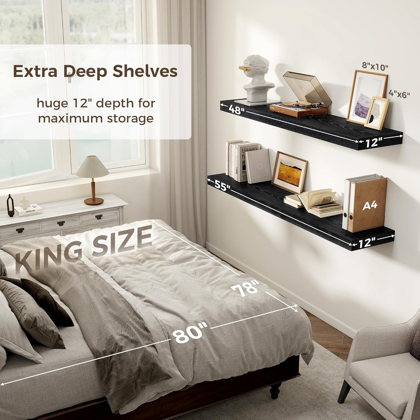 Black Floating Shelves 55 Inch Long, 12 Inch Deep Floating Shelves for Wall, 55 x 9 Large Floating Shelf for Fireplace Mantel, 2" Thicked Wall Shelves for Living Room, Bedroom Storage, 1 Pack