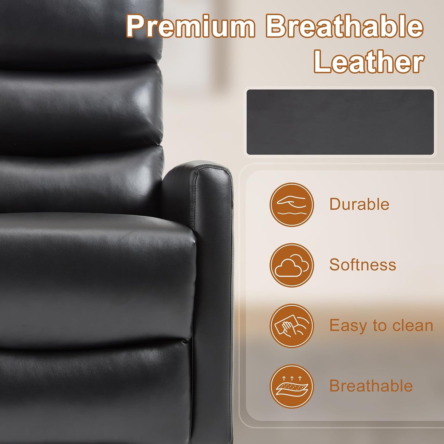 Manual Swivel Rocker Recliner Chair for Adults, Overstuffed Reclining Glider Chair for Nursing with Vibration Massage & Heat, Living Room Rocking Recliner 3-Stage backrest, Faux Leather Black