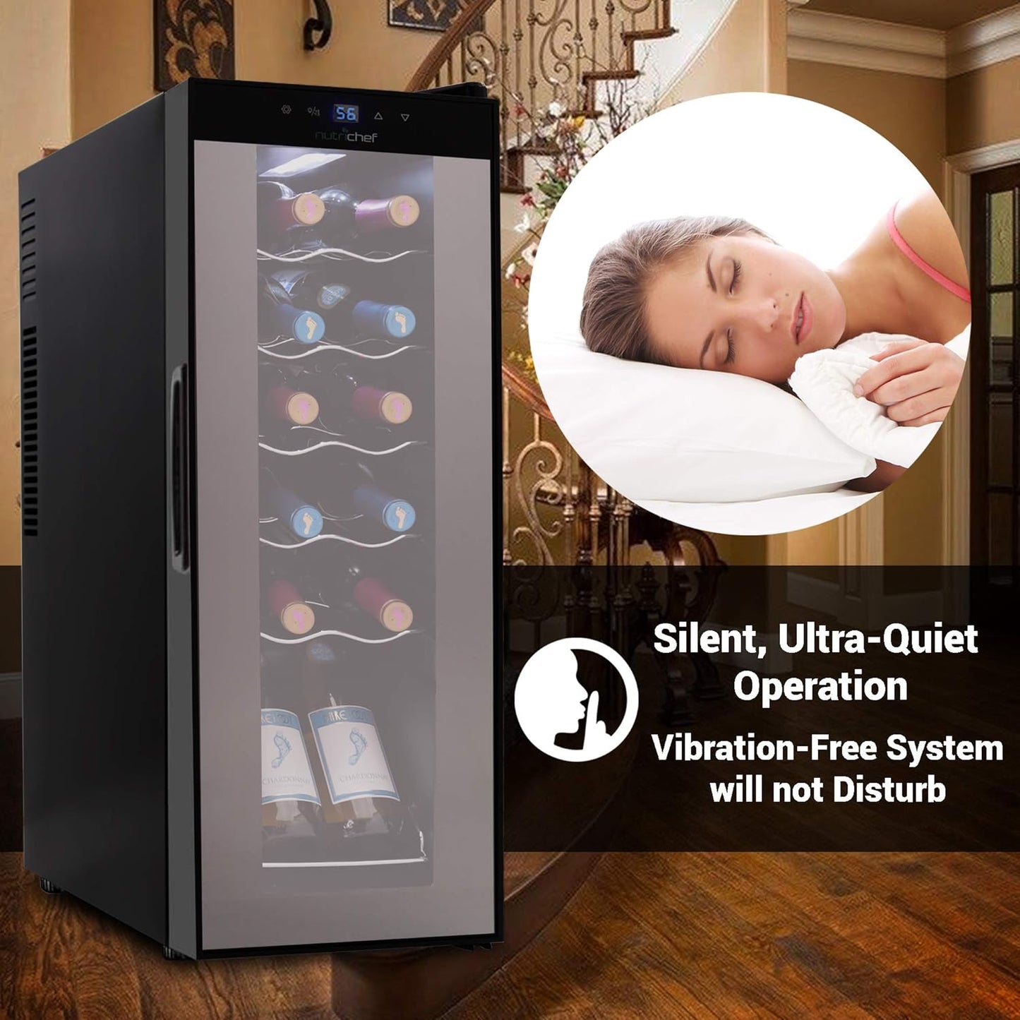 NutriChef PKCWC120 White & Red Cooler-Freestanding Countertop Compact Mini Wine Fridge Chiller Capacity, Digital Control, Glass Door, 12 Bottle-Black