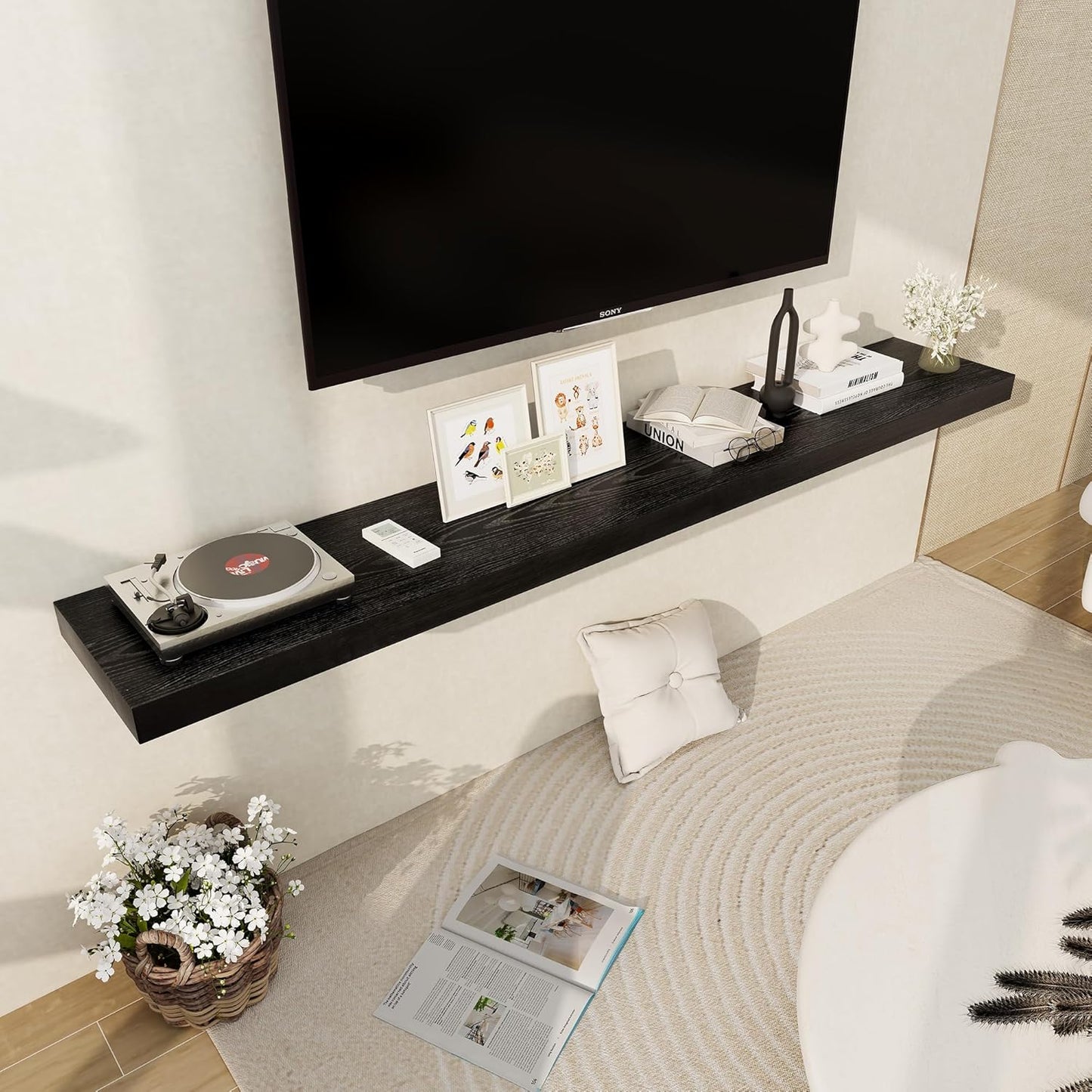 Fun Memories 72 Inch Floating Shelf, 12 Inch Deep Wall Shelf for Fireplace Mantel, Deep Storage Shelves for Home & Office, Wall Shelves with Invisible Bracket, Black, Set of 1