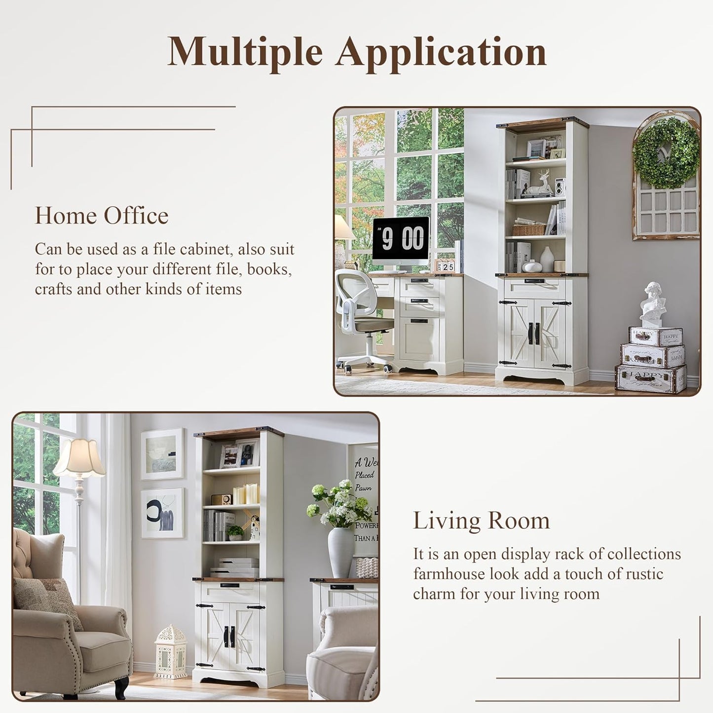 OKD 72'' Tall Bookshelf with Storage, Farmhouse 4 Tier Bookcase with Barn Door, Adjustable Shelves and Drawers, Rustic Wooden Office Bookshelves for Home Bedroom, Living Room, Library Antuique White