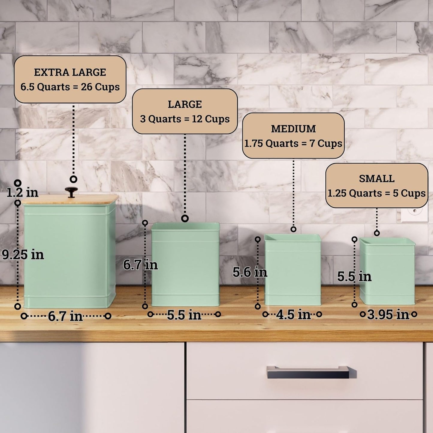 Kitchen Canisters for Countertop Set of 4 with Customizable Chalkboard Labels & Marker Pen - Big Iron Kitchen Canisters with Airtight Lids - Sage Green Canister Set - Flour and Sugar Containers