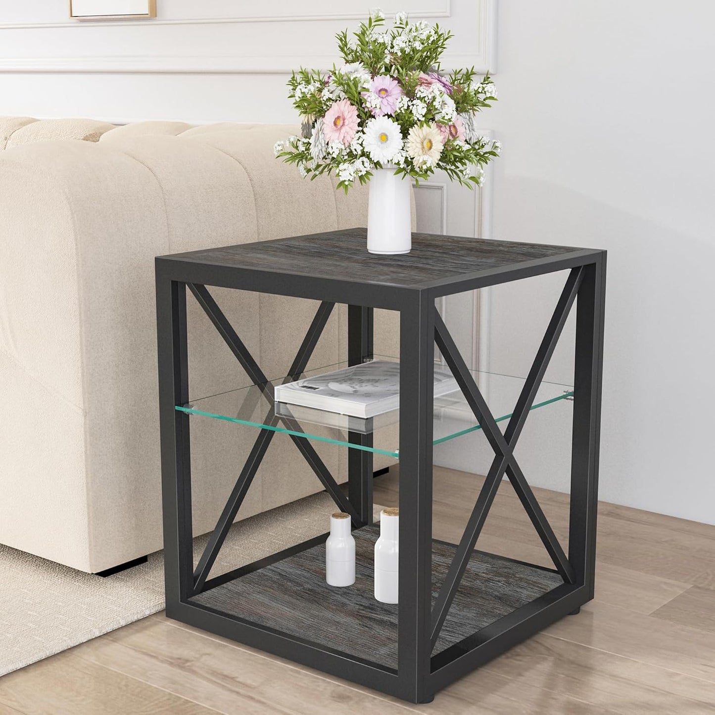 Farmhouse End Table, Modern Side Table with 3-Tier Storage Shelf, Square Rustic Nightstand, Accent Tea Table, for Bedroom Office Living Room, Grey, Natural Wood, Glass, Metal
