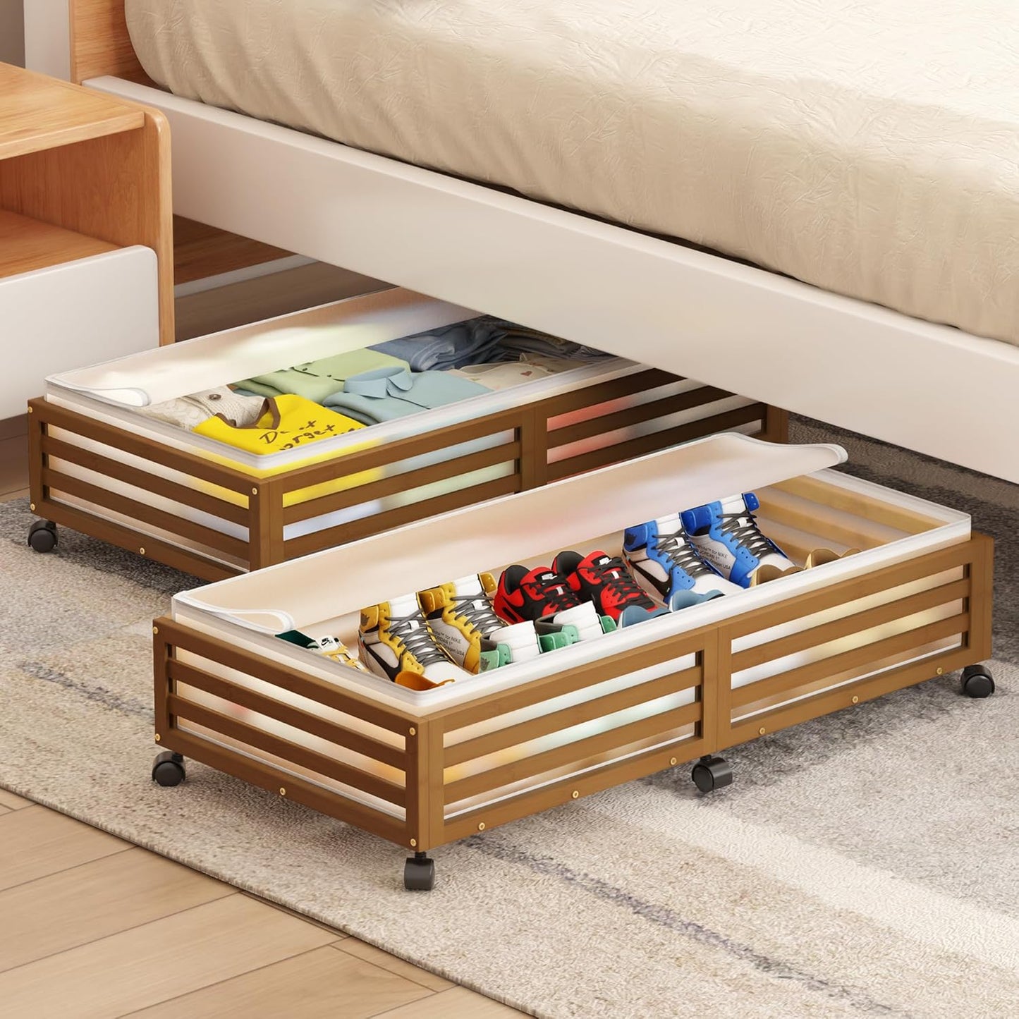 Under Bed Storage with Wheels-Large Bamboo Underbed storage Containers with Large Dust Bag Stackable Under the Bed Shoe Storage Bins for Clothes Books Bedding (2 Packs walnut, 33.07"L×16.54"W× 6.5"H)