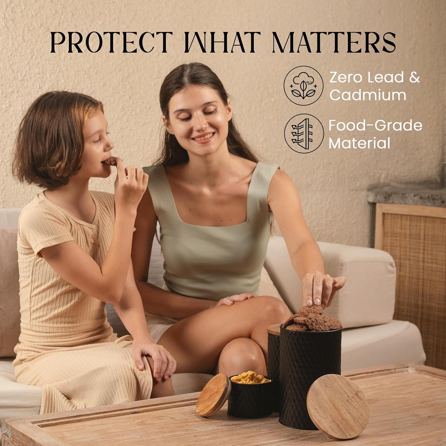 6 Canister Set for the Kitchen Countertop – Metal Food Storage Canisters with Airtight Lids for Flour, Tea, Crafts, Coffee, & Sugar – Container Set with Modern Wood Lids, Black