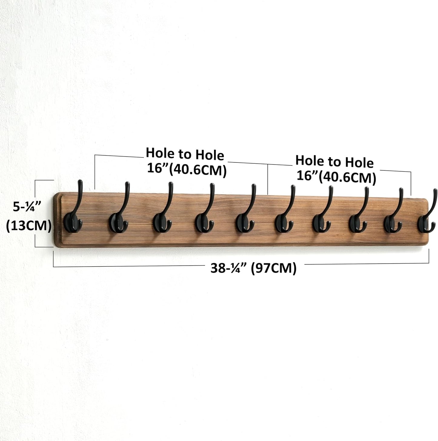 Dseap Wall Mounted Coat Rack: 38-1/4" Long, Patented, Heavy-Duty, 10-Double-Hooks Wooden Hanger Rail for Winter Coats, Hat, Jacket, Clothing - Natural & Black