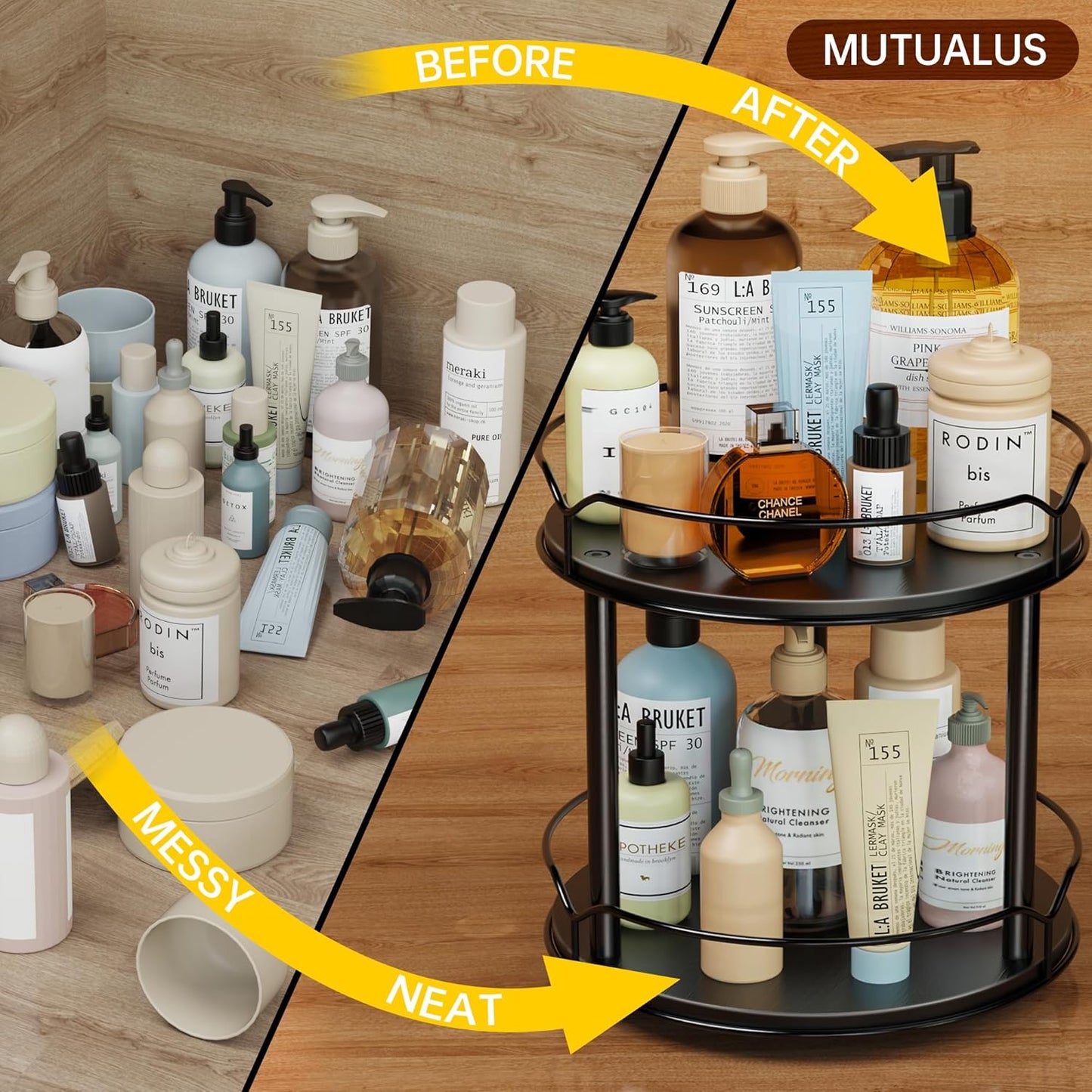 Lazy Susan Organizer 2 Tier - 9.2" Turntable Spice Rack for Table Top, Wooden Rotating Lazy Susan for Cabinet Pantry Kitchen Countertop Dining Table Cupboard Bathroom Vanity Storage(Black)