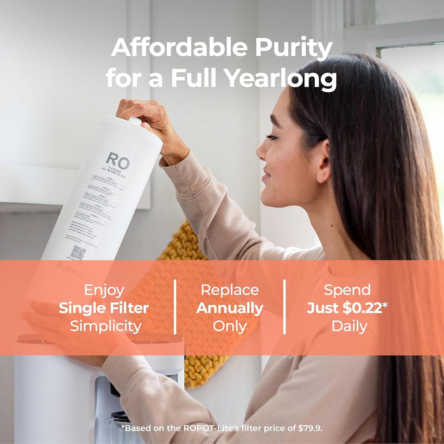 Bluevua RO100ROPOT-LITE Countertop Reverse Osmosis Water Filter System, 5 Stage Purification, 3:1 Pure to Drain, Portable Water Purifier (No Installation Required) (White)