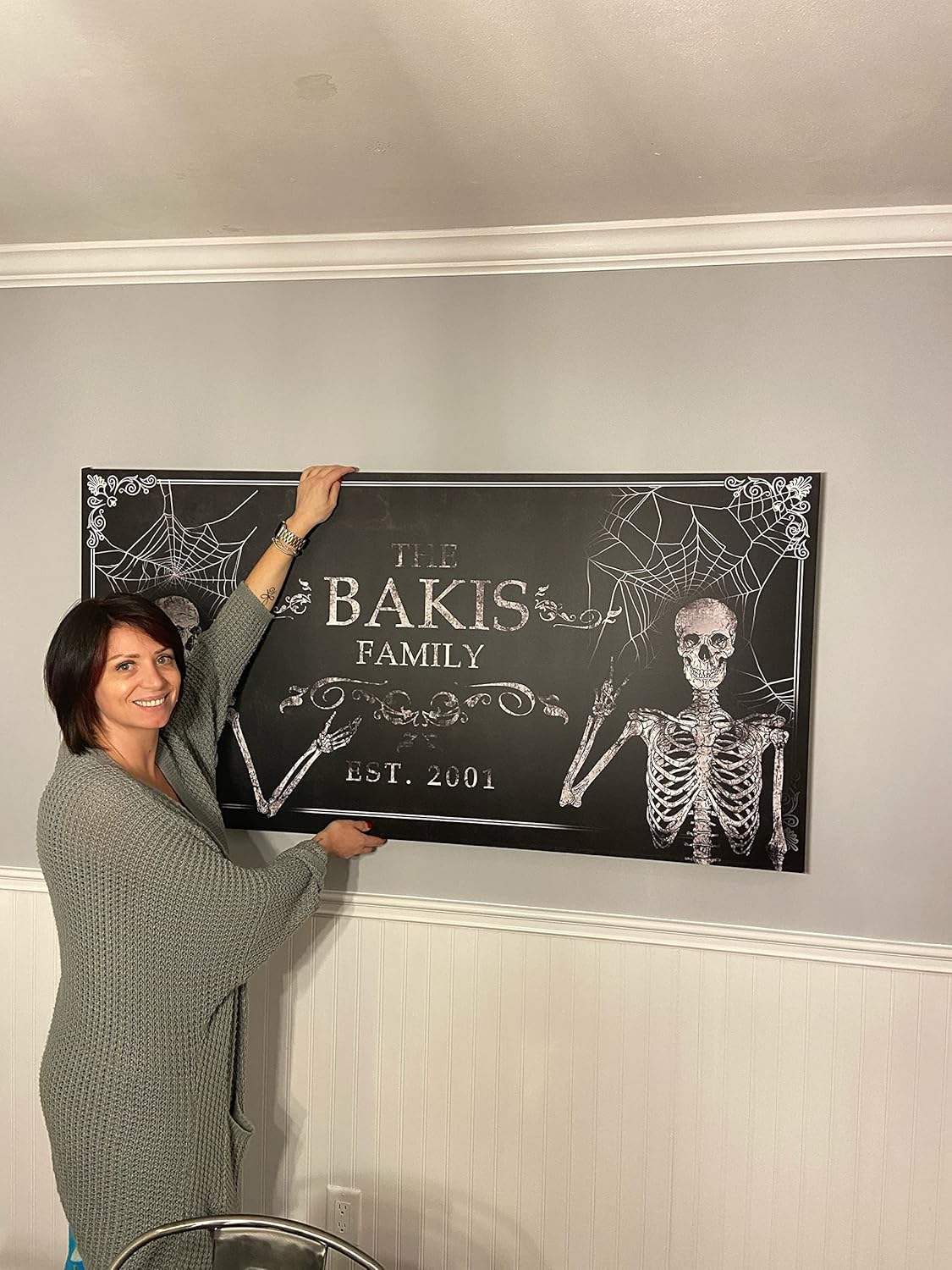 Tailored Canvases Gothic Family Wall Decor - Personalized Grunge Vintage Skeleton Room Decor for Home, Halloween Lovers, Men & Women for Bedroom, Living Room - Custom Couple Name, White Print, 60"x30"