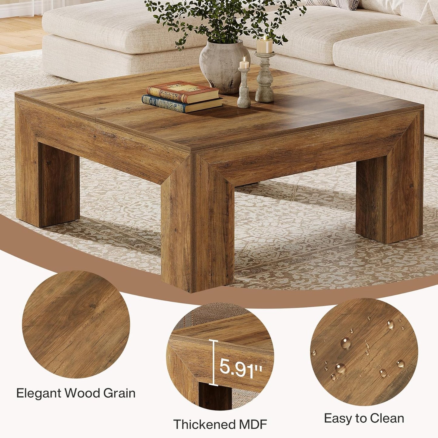 Tribesigns 39.4-Inch Square Coffee Table for Living Room, Farmhouse All MDF Accent Center Cocktail Table with Sturdy Wooden Legs, Easy Assembly, Rustic Brown